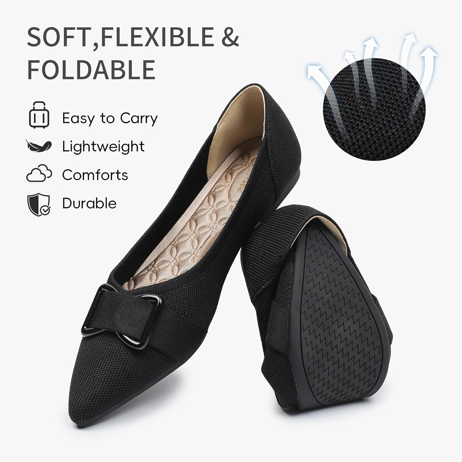 Comfortable Knit Ballet Flats Shoes for Women, Pointed Toe Womens Flats Arch Support Dress Shoes for Work Causal - Image 3