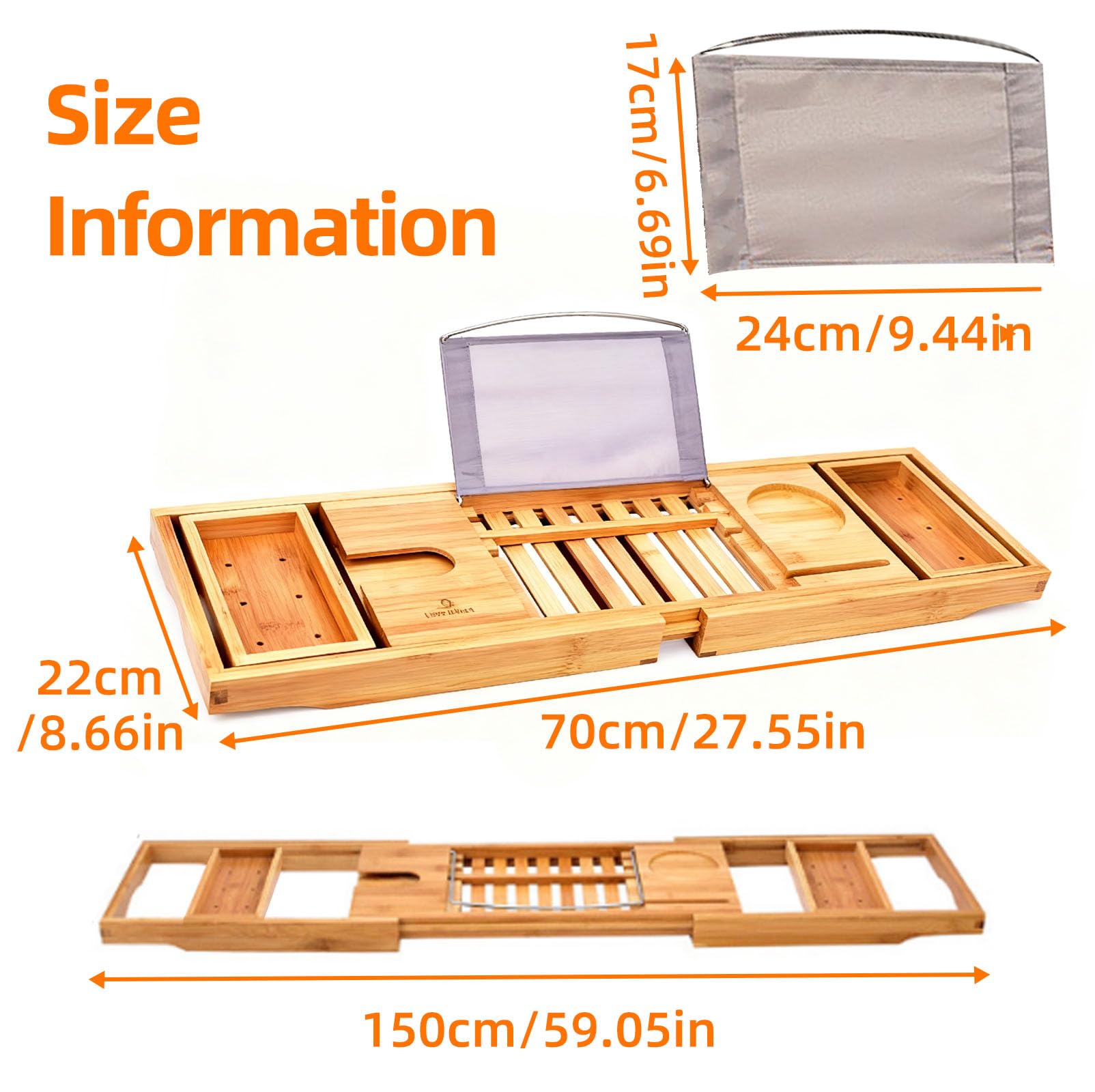 Bandeja Bañera Bambú Extensible con Soporte Tableta & Ranura Sujeción, Bandejas de Baño Ampliable Retráctil 150cm, Accesorios Bañera Organizador Baño Plegable para Mayoría de Bañeras (Natural)