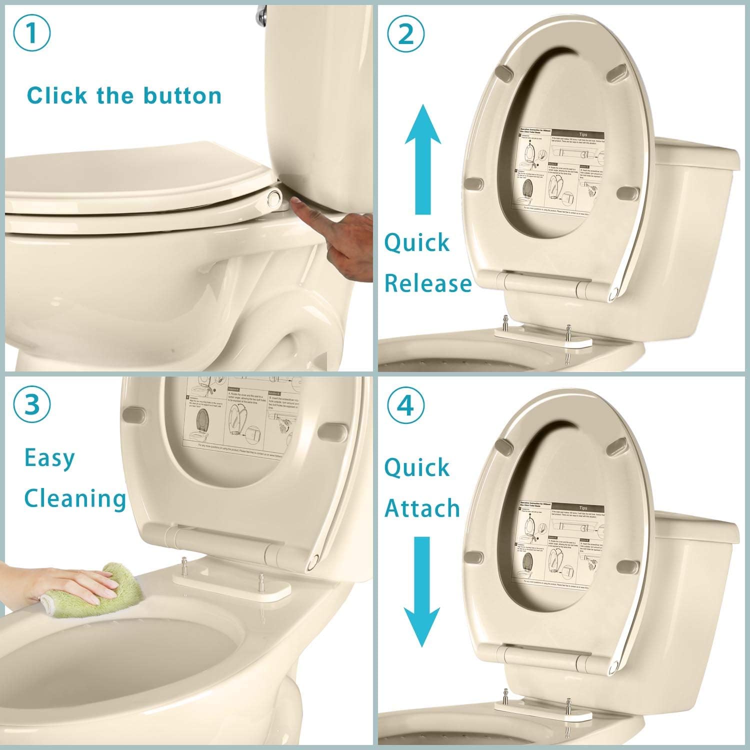🛒 Crаzу Dеаlѕ Hibbent Premium One Click Elongated Toilet Seats - Easy Installation and Quick-Release Removable for Cleaning - Stable Hinge Design to prevent shifting - Soft Closed - Almond/Bone Color(Elongated)