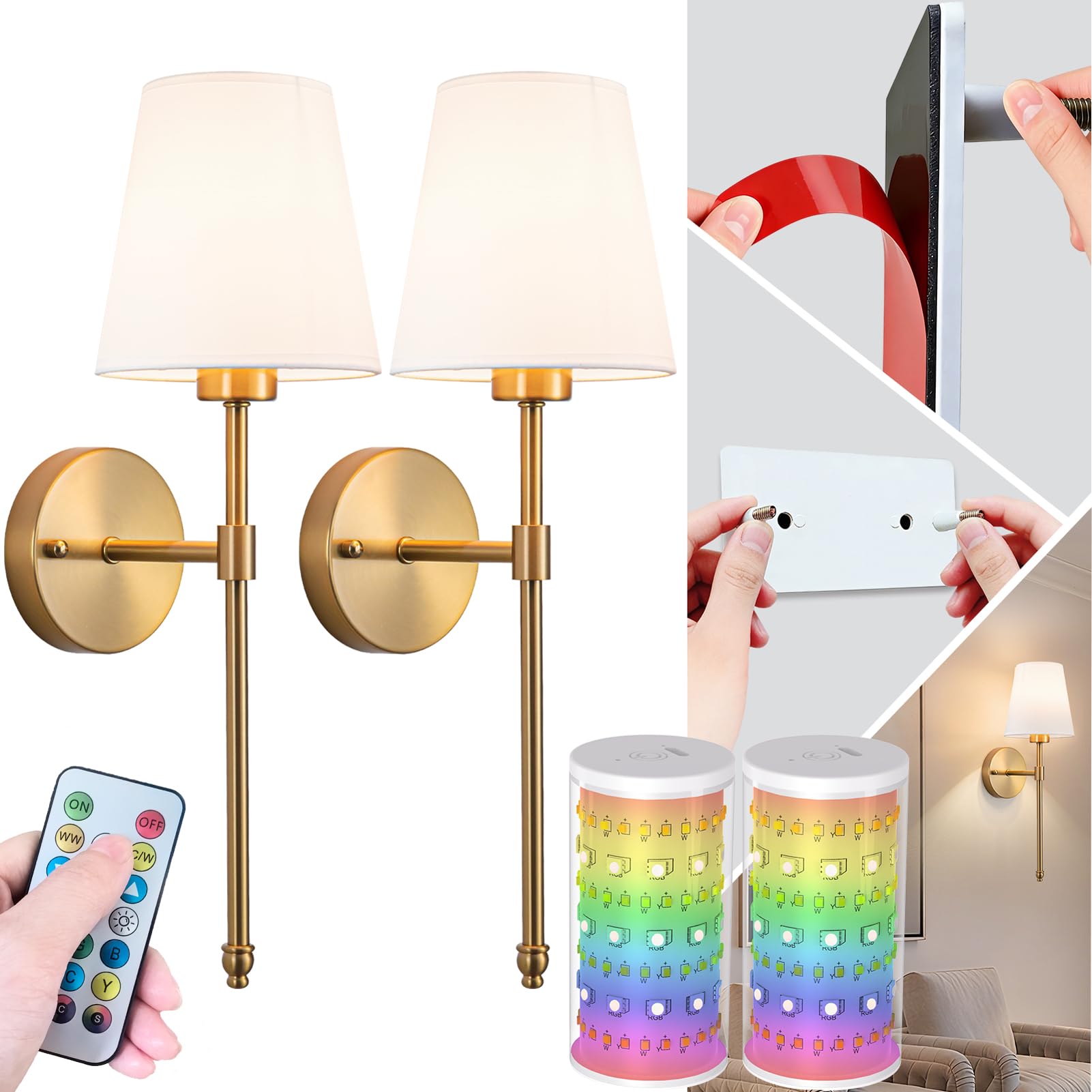 Photo 1 of slywise Peel and Stick Wall Sconces, Stick On Wall Sconce Set of 2, Battery Operated Wireless Adhesive Wall Lights, Corn Bulb with 10000mAh Battery, Easy Install for Bedroom Living Room Wall Decor
