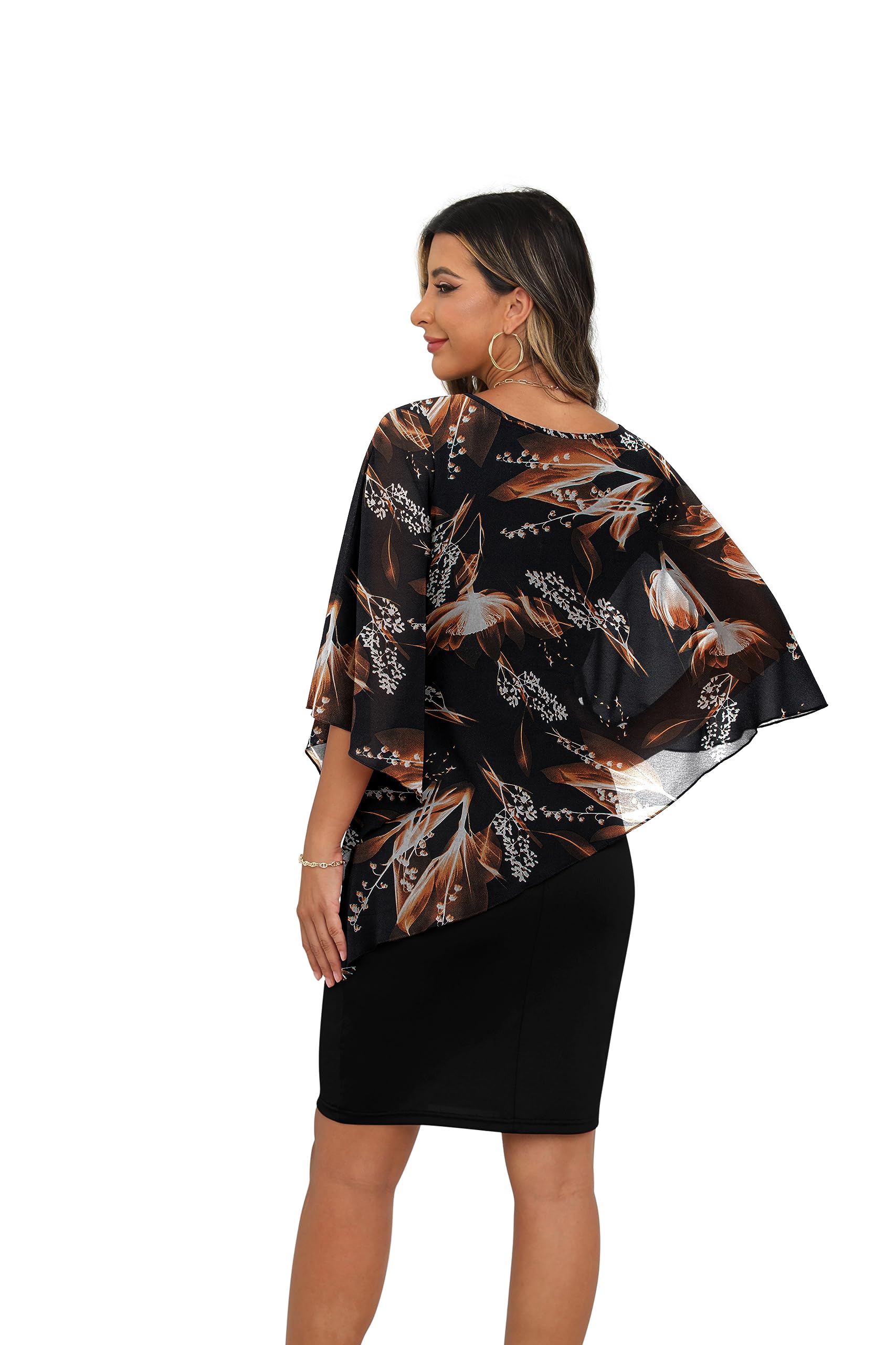 QIXING Abito da donna in chiffon, con scollo rotondo, a matita, lunghezza al ginocchio, elegante, da sera, con sovrapposizione, casual, da donna
