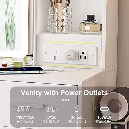 Miniatura 6 de Escritorio de tocador para adolescentes con espejo y luces, juego de mesa de maquillaje pequeño con cajón, taburete, compartimento oculto, estante