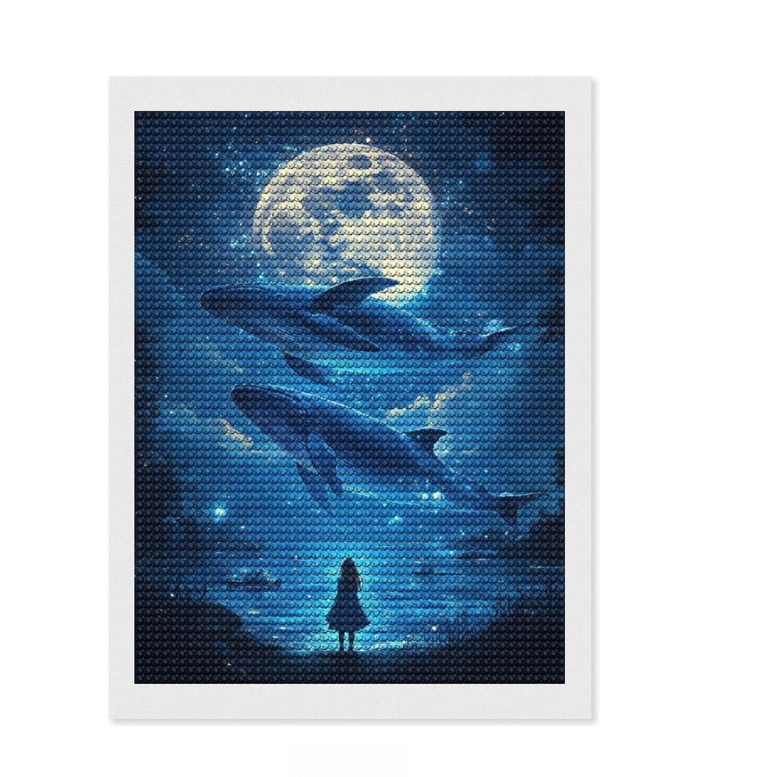 Junmoney Girl Gazing at Whales DIY Diamond Art Canvas Kit 12"x16", Round Gems, Creative Hobby, Fun Craft Activity, Vintage Style Decor
