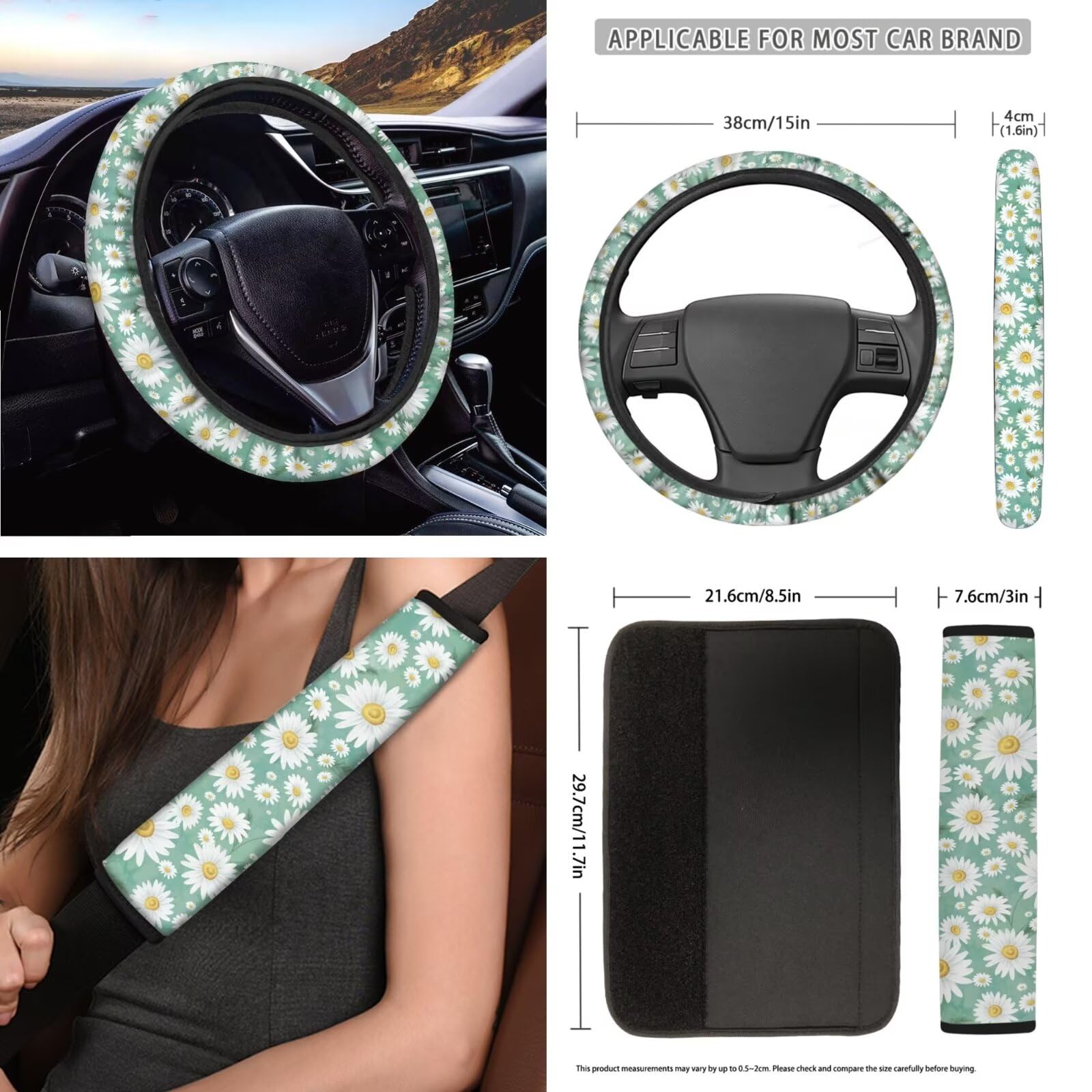 JOAIFO Universal Car Steering Wheel Cover and Seat Belt Shoulder Pads, 3 PCS Daisy Car Accessories for Women, Fit Most Cars,Truck SUV, Green