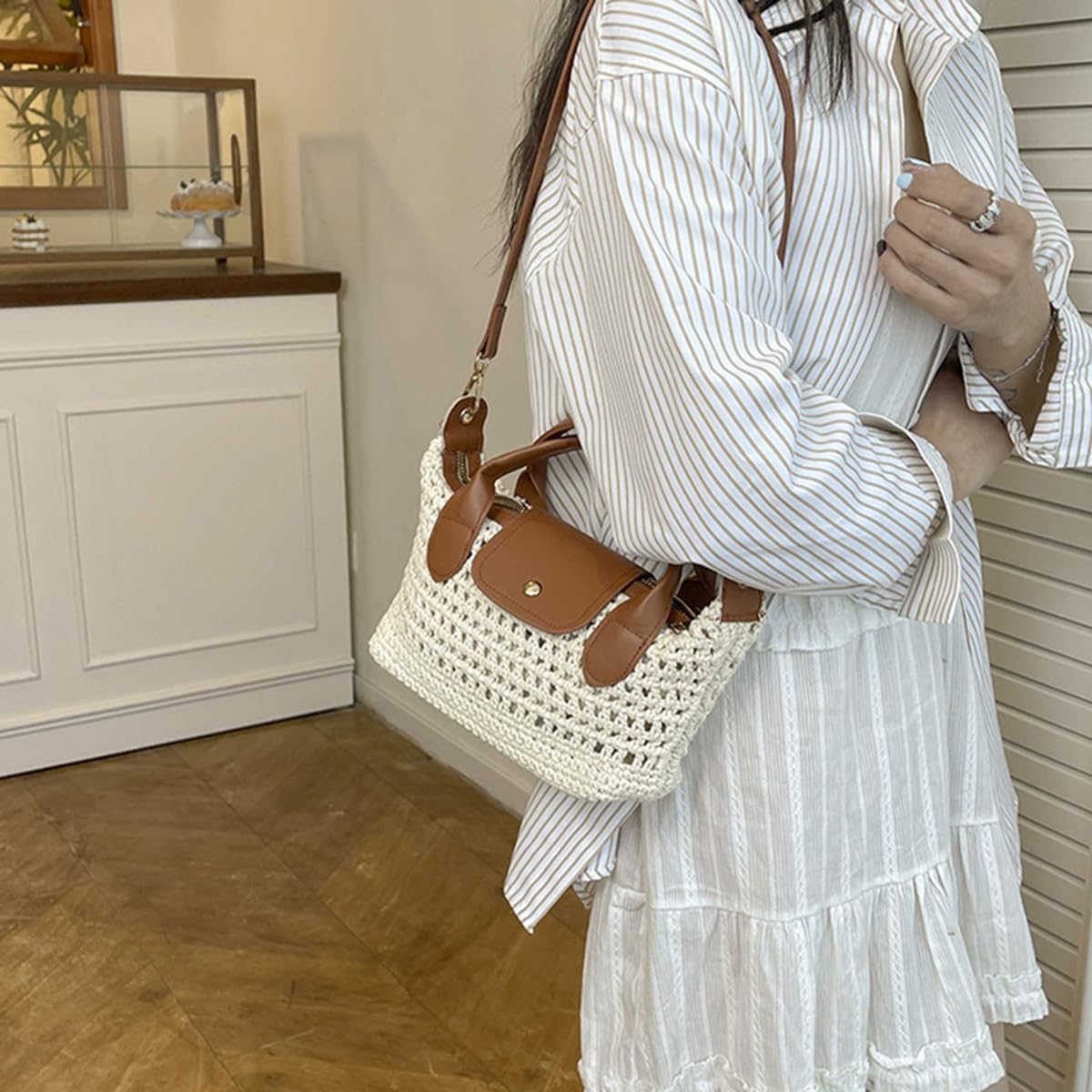 Crochet Crossbody Bags for Women Summer Beach Handbag Small Woven Tote Purse with Leather Top Handle