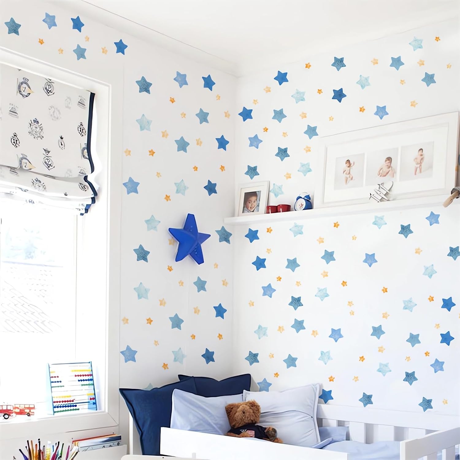 4 Sheets 100 Pcs Blue Yellow Stars Wall Stickers, Boho Space Stars DIY Wall Decals Removable Vinyl Peel and Stick Kids Baby Nursery Boys Bedroom Playroom Art Home Decor