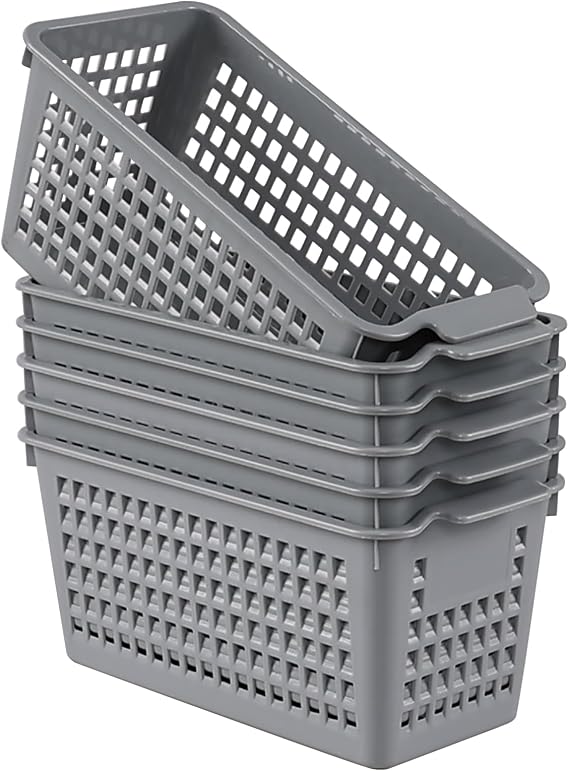 6 Pack Tall Slim Plastic Storage Baskets, Small Basket Organizer for Drawer, Office, Desktop, Gray