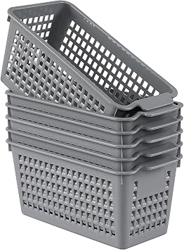 6 Pack Tall Slim Plastic Storage Baskets, Small Basket Organizer for Drawer, Office, Desktop, Gray
