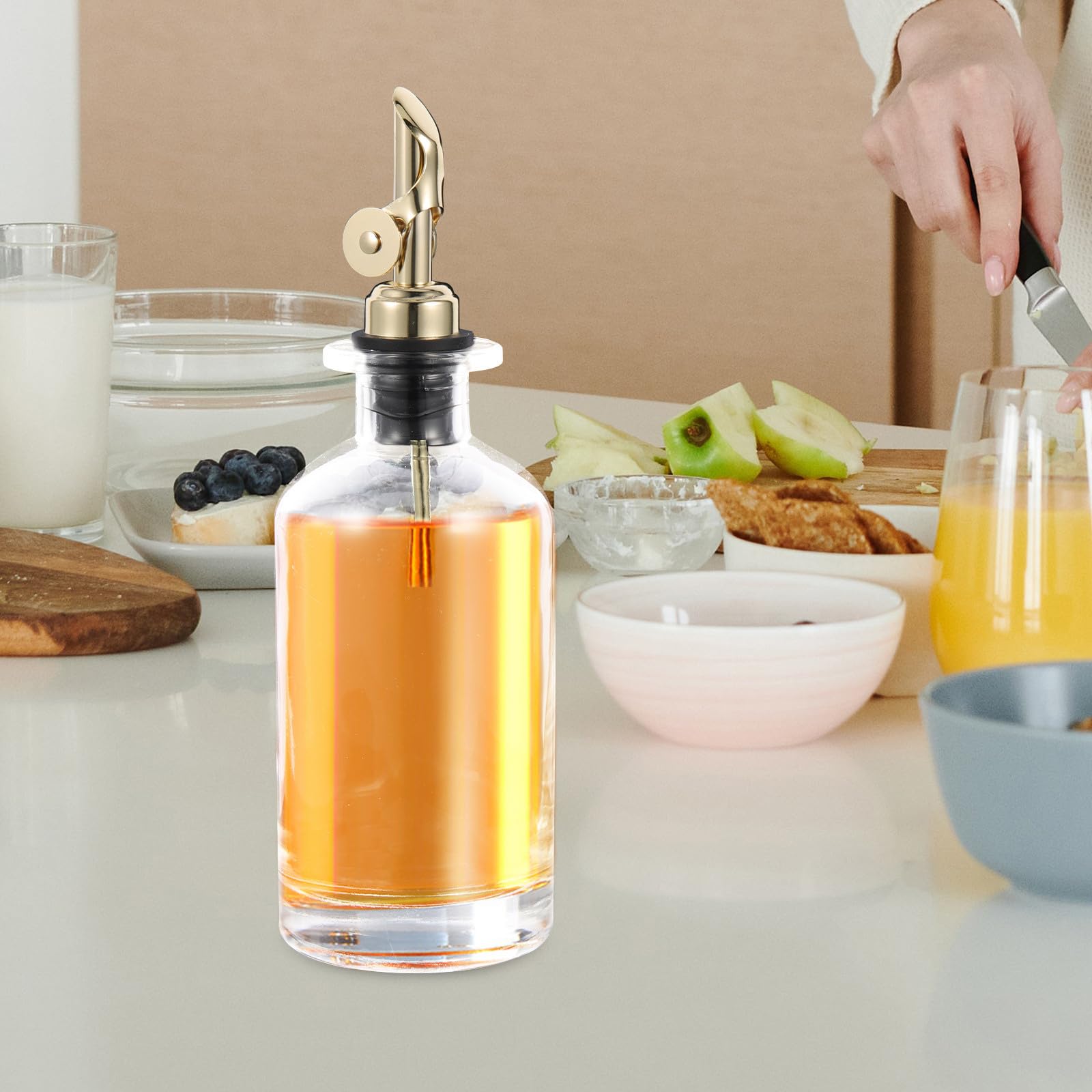 Genérico 2 Piezas Botella Dispensadora de Aceite y Vinagre de Vidrio 350ml Tapa Automática Dorada, Resistente y Fácil de Limpiar para Cocina y Barbacoa