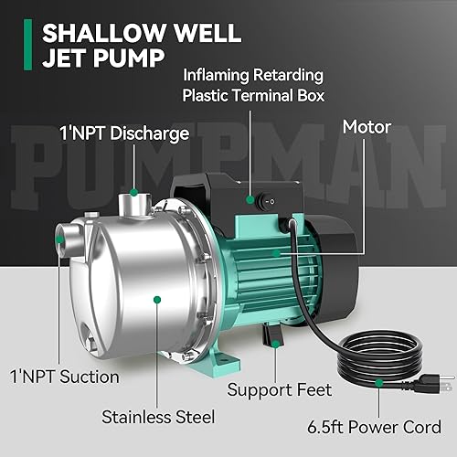 Miniatura 3 de Bomba de pozo de agua 1HP, bomba de jardín portátil de transferencia de agua, bomba de pozo de chorro poco profundo de acero inoxidable de 980 GPH,