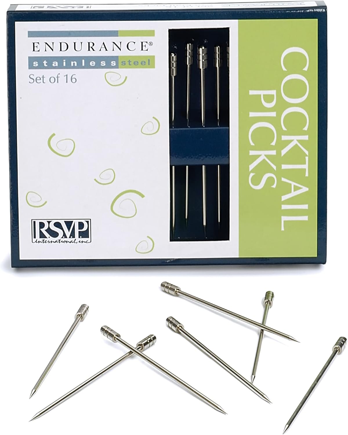 RSVP International Endurance Collection 18/8 Stainless Steel Cocktail Picks for Drinks and Appetizers, Reusable & Dishwasher Safe, 16 Piece Set, 3-1/4 Inch