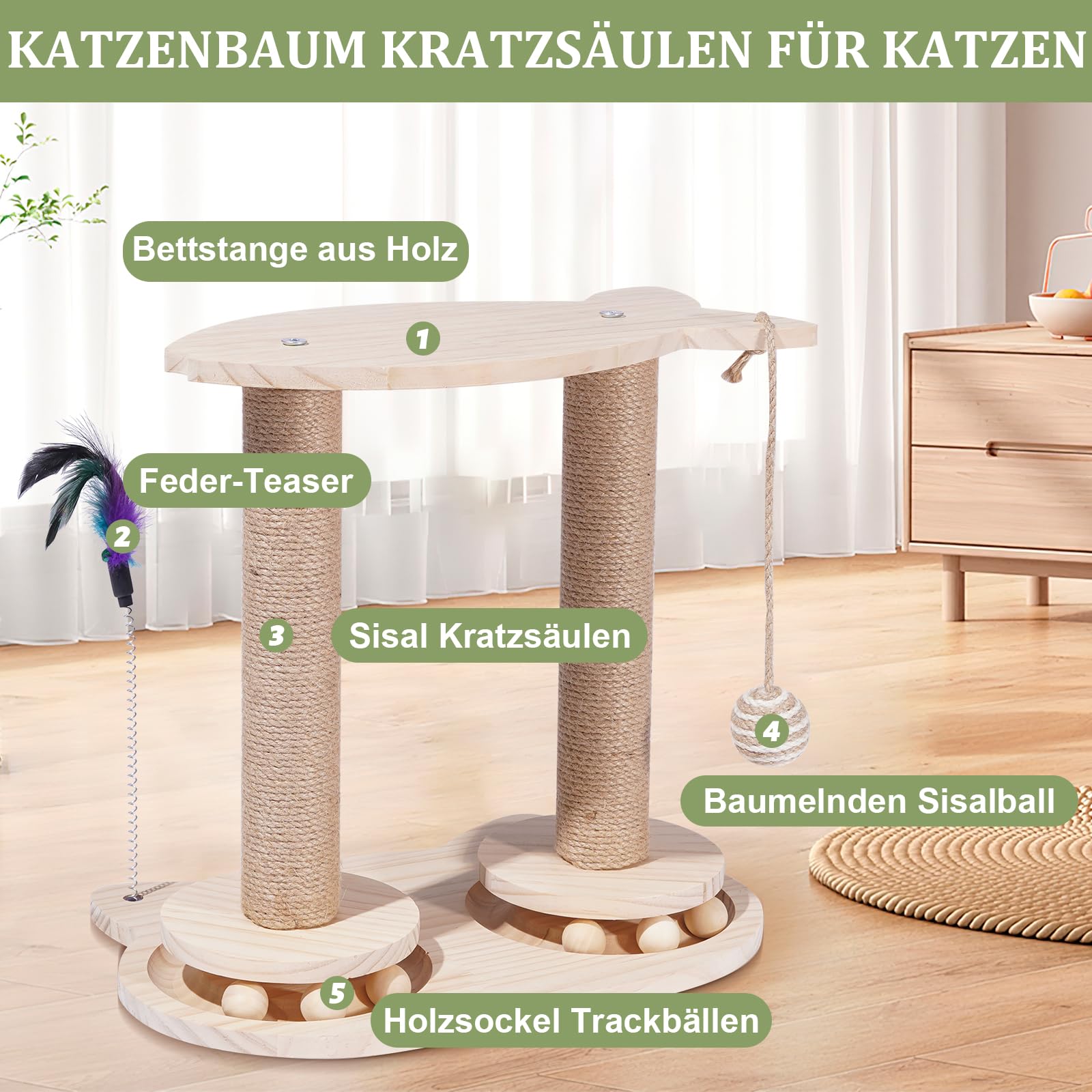 Kratzsäulen Katzen Interaktives Katzenspielzeug Aus Holz Spielzeug Katzenbaum mit Federn und Sitzstange für Kleine und Mittlere Erwachsene Katzen