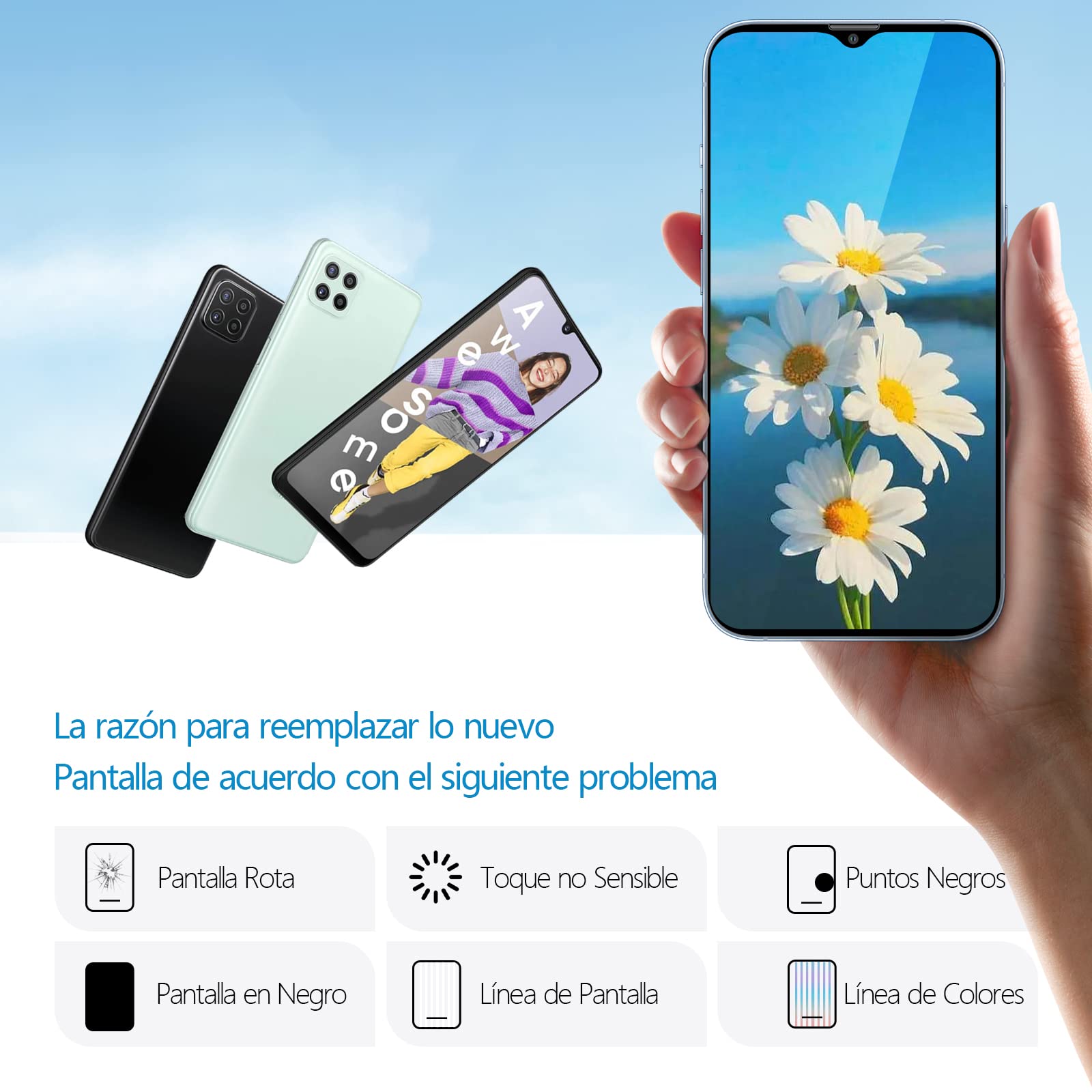 RongZy para Samsung Galaxy A22 5G A226 A226B LCD+Pantalla Táctil Digitalizador Asamblea Reemplazo +Reparación Herramientas(Versión 5G，Negro con Marco)
