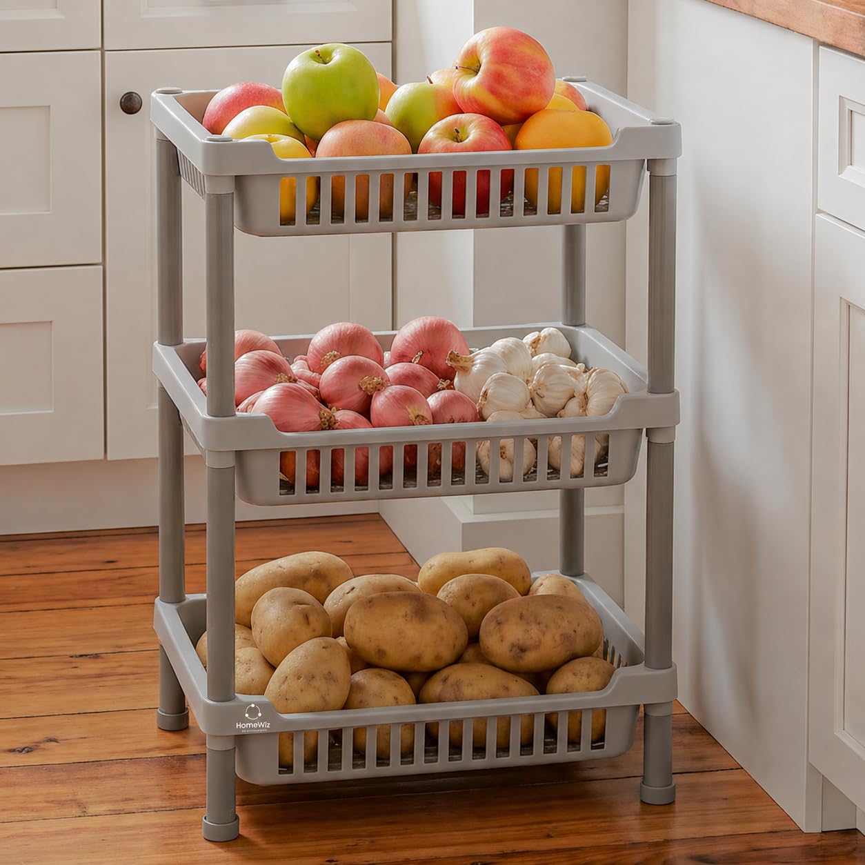 HomeWiz 3 Tier Fruit & Vegetable Storage Stand, Multi-Purpose Kitchen Basket Organizer Rack with Ventilated Design for Onion, Potato & Grocery Storage – Grey-image-45