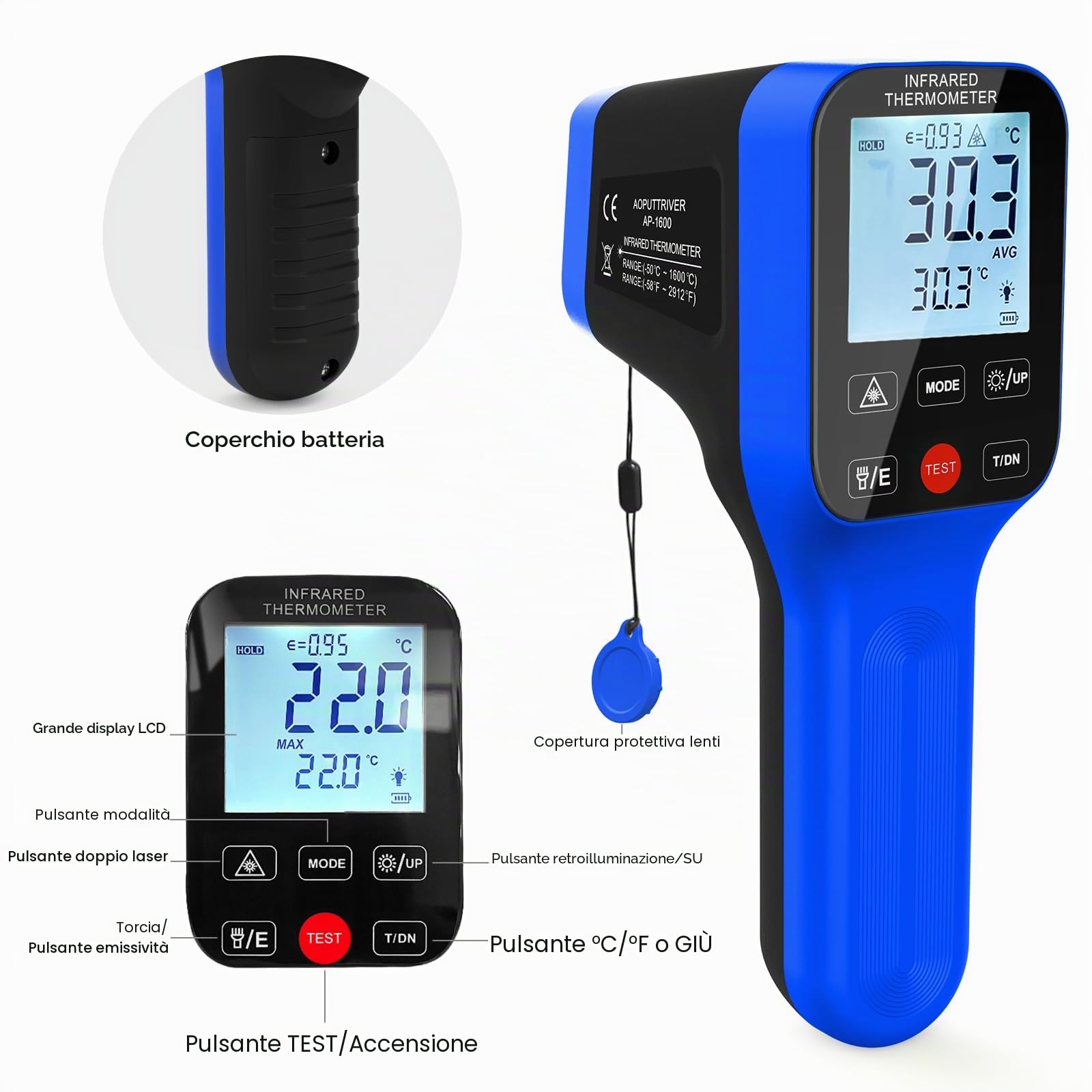 AIOMEST -50℃~1600℃ Termometro a Infrarossi Termometro D:S=30:1 Doppio Misuratore di Temperatura IR Industriale a Laser, Termómetro Ricaricabile AI-1600 (NON per la temperatura umana)