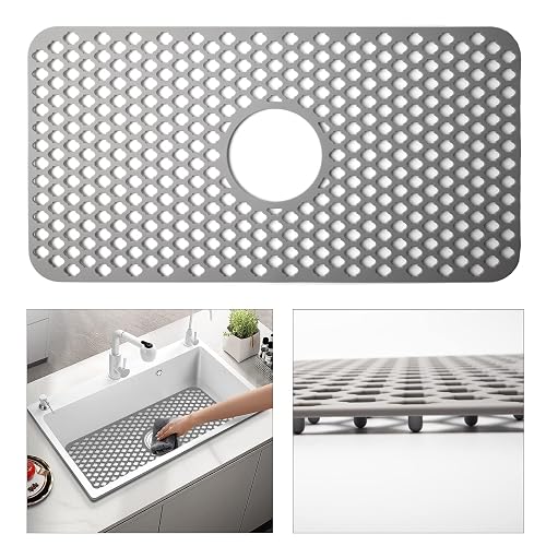 Silicone Sink Mat, 24.6''x 12.9'' Kitchen Sink Protector Grid for Bottom of Center Drain Sink, Gray Non-slip Heat Resist