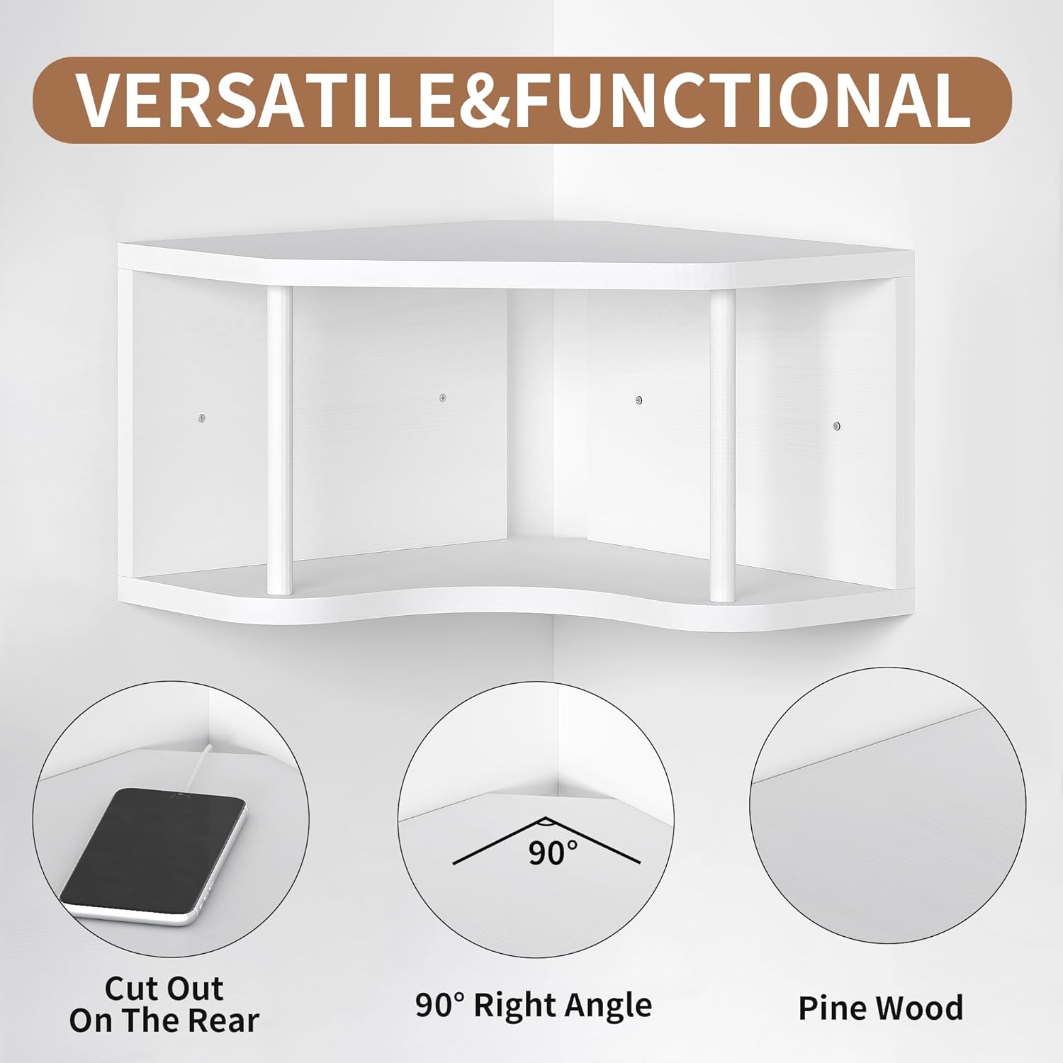White Corner Floating Shelf Wall Mounted, Pine Wood Shelves 90° Corner Floating Cabinet Shelf for Wall, 18’’ Bedside Corner Shelves with Cord Hole, Projector Floating Shelf for Living Room, Bedroom