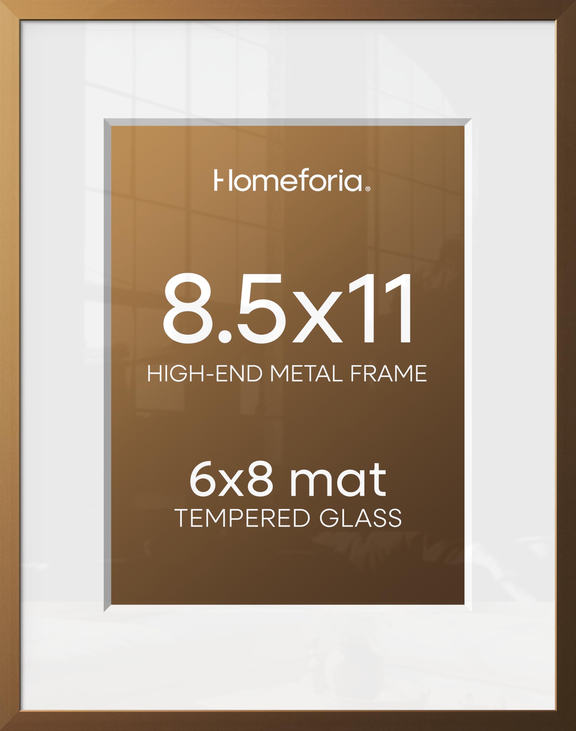 Homeforia 8.5x11 Bronze Picture Frame, High-End Metal, 6x8 Mat, Glass | High End Aluminum, Tempered Glass, Acid-Free 6x8 Removable Mat, 8.5x11 in Edge-to-Edge Display 11x8.5, Wall Kit, Set Of 1