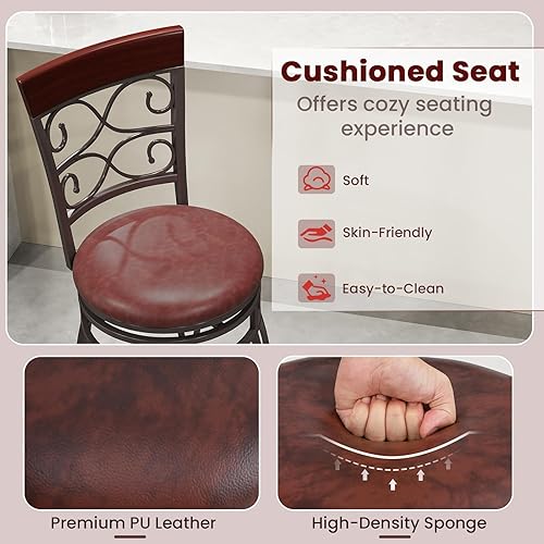Miniatura 5 de Giantex Juego de 2 taburetes de bar giratorios de 26 pulgadas, taburetes de bar con altura de mostrador con respaldo, asiento tapizado de piel