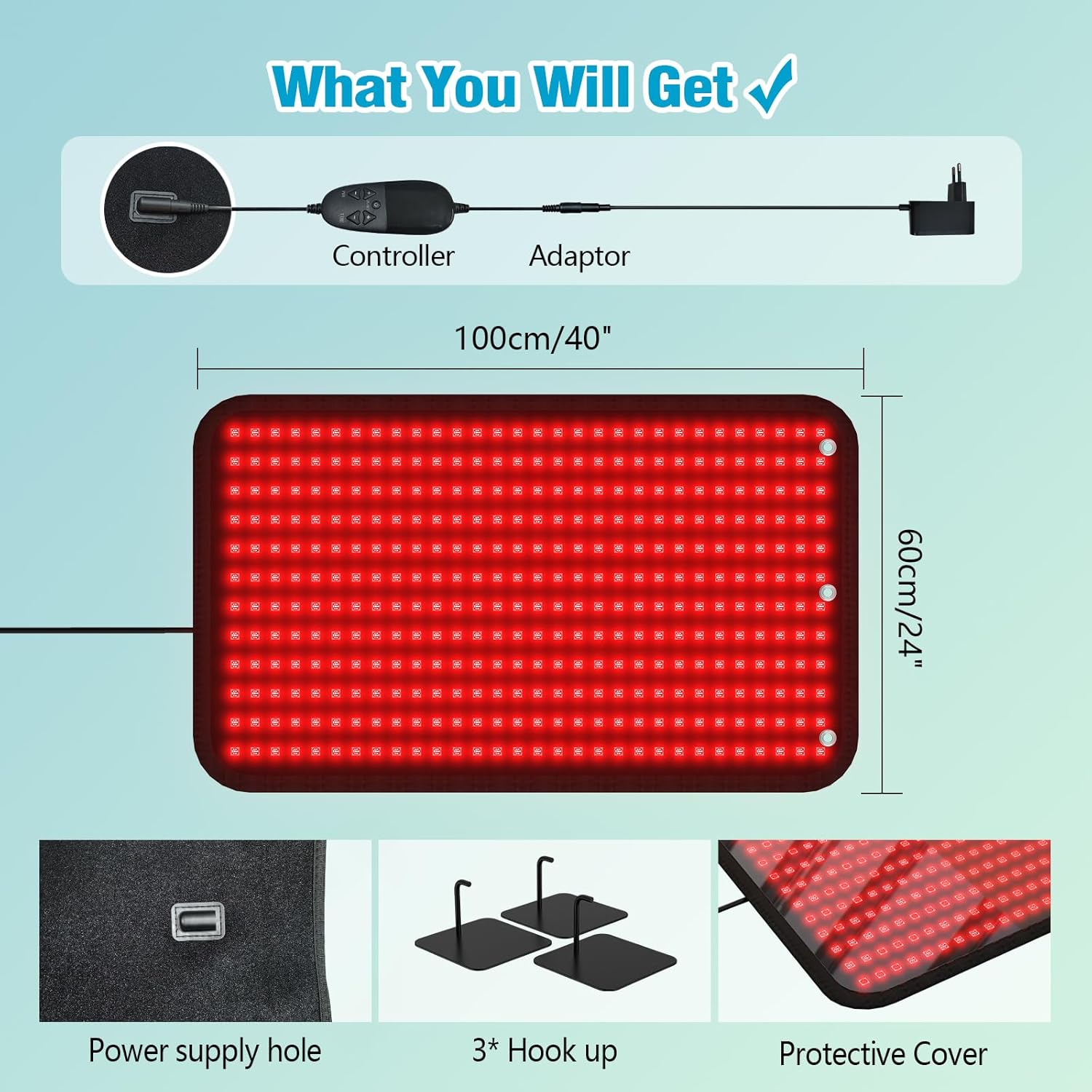 Red Light Therapy Mat for Body,40"*24" Infrared Red Light Therapy Pad for Full Body Waist Back Shoulder Muscle Pain Relief(650nm & 850nm),3 Hooks for Hanging(360 LEDs)