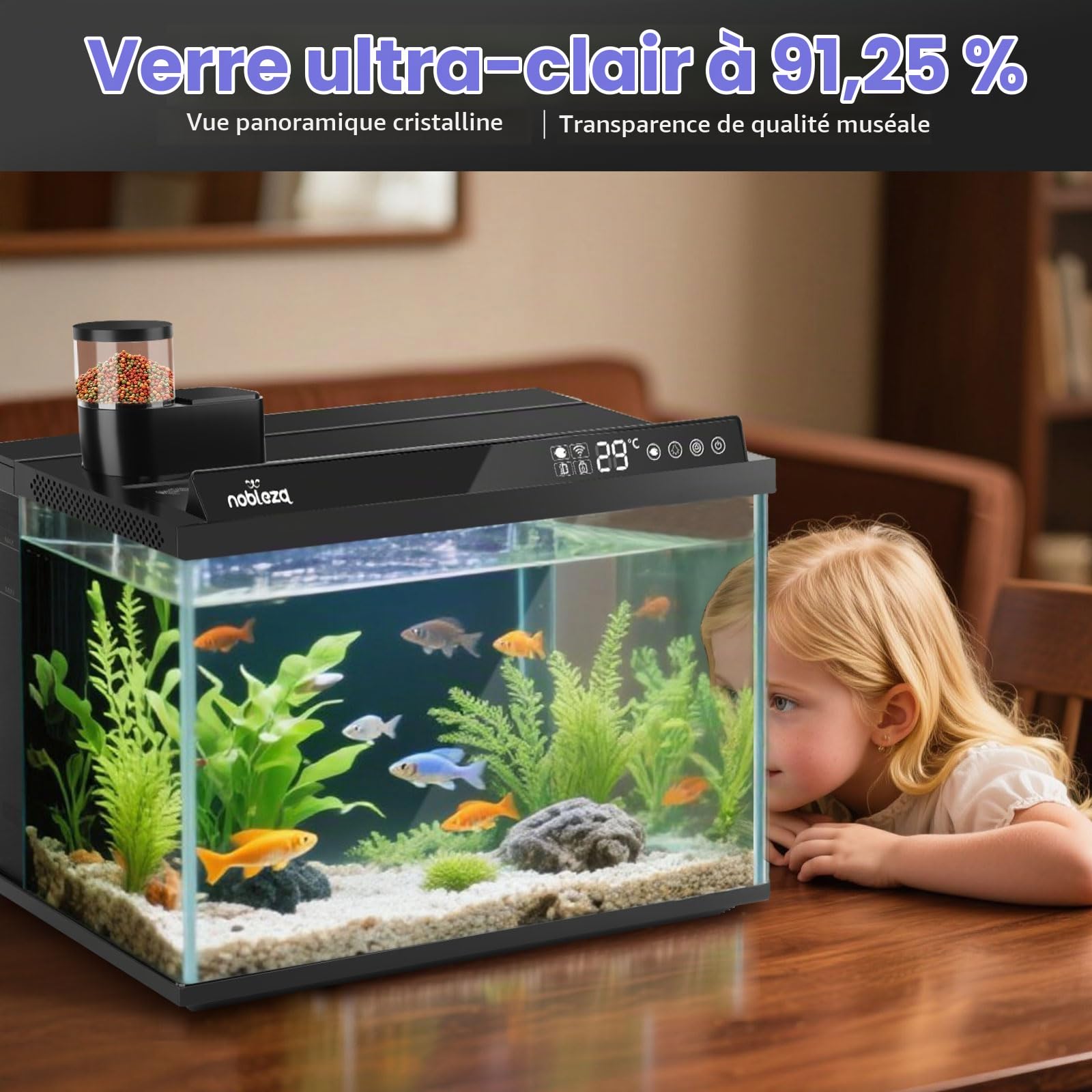 Nobleza Aquarium Smart 30L, Kit Complet WiFi avec App et Changement d'eau | Aquarium 30L en verre ultra-blanc avec pompe à 3 étapes, mangeoire automatique et 6 modes d'éclairage pour bureau et débutant