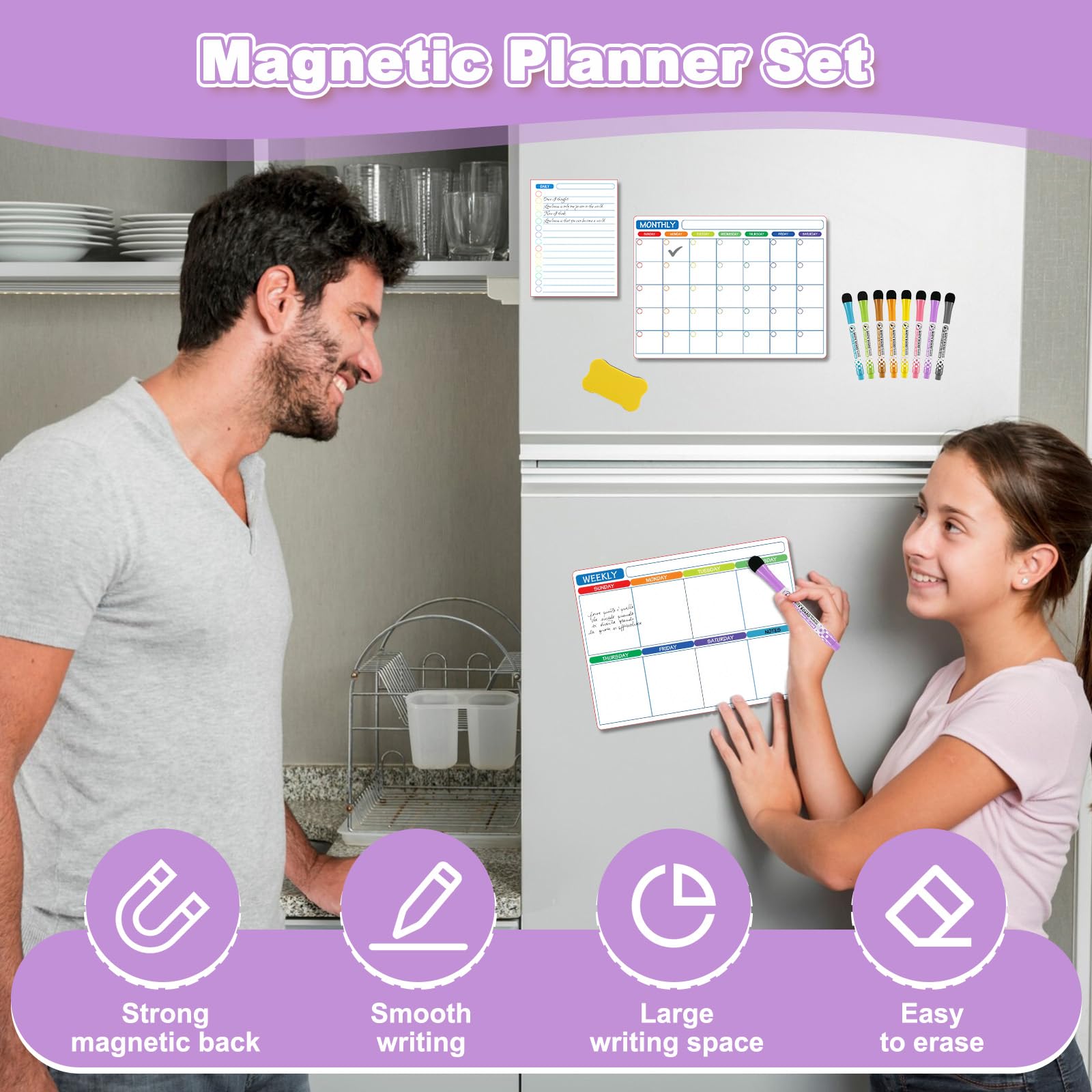 3 Pack Magnetic Calendar Planner for Fridge with 8 Markers & Eraser, Dry Erase Monthly, Weekly & Daily Planners Whiteboard, Reusable Schedule Organiser Board for Family, Office, Classroom (3042 cm) - Image 3