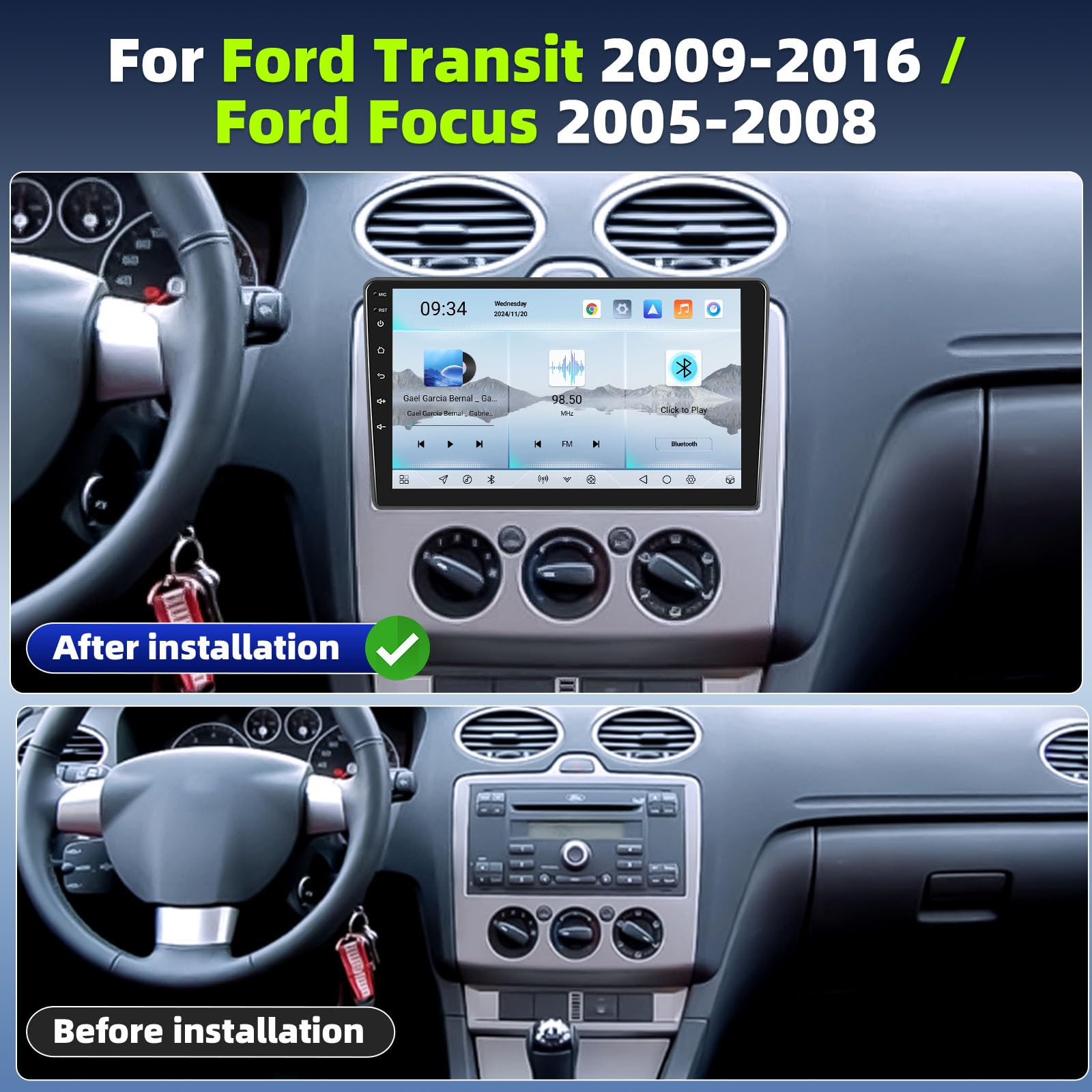 8 core Qualcomm Android 15 Autoradio per Ford Transit 2009-2016/Ford Focus 2005-2008 con Carplay Android Auto ,9" Touchscreen con BT GPS WiFi FM/RDS DSP 3D Car Model Showcase + telecamera posteriore e