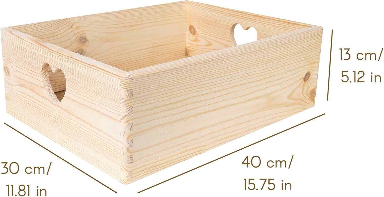 XL Wooden Crate Nesting Crate Heart Handles | 15.74x11.81x 5.1in | Keepsake Unfinished Display Storage Box Multi-Craft Caddy Nesting Crate | Natural Wood Rustic Plain Unpainted Beige