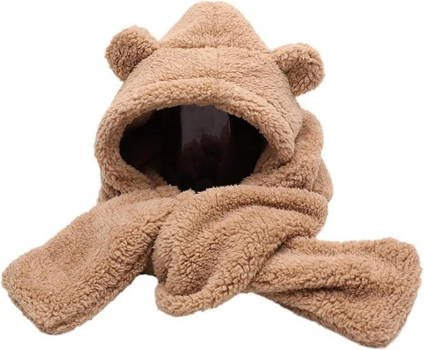 Cute Bear Scarf with Ears Youth Hat Winter Warm Plush Hat Cold Winter Gift for Kids（Brown） - Image 6