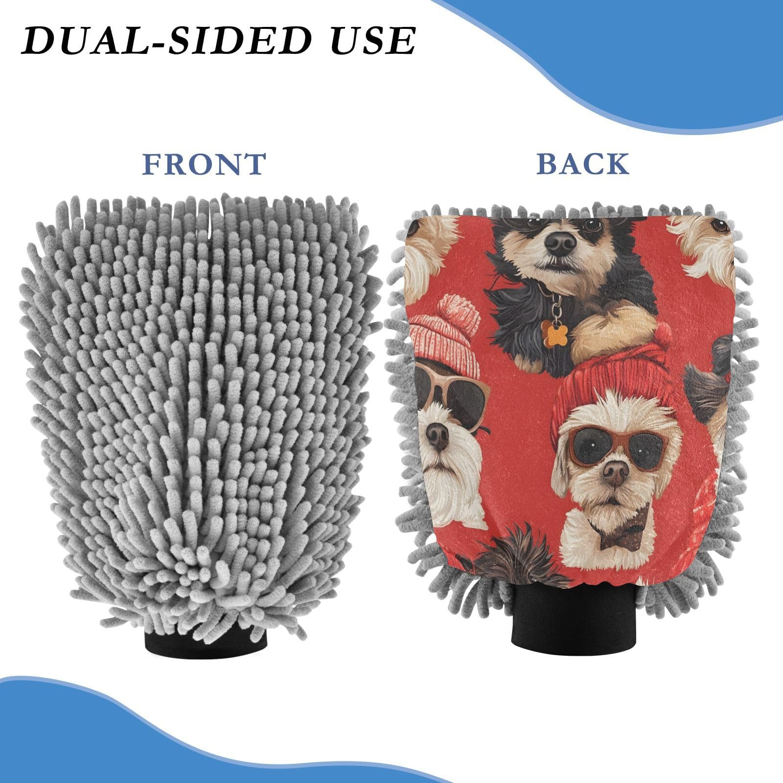 STAYTOP Cute Dog Car Wash Mitt Microfiber, 2Pcs Scratch Free Lint-Free, Premium Chenille Microfiber Mitt Car Wash Brush-L