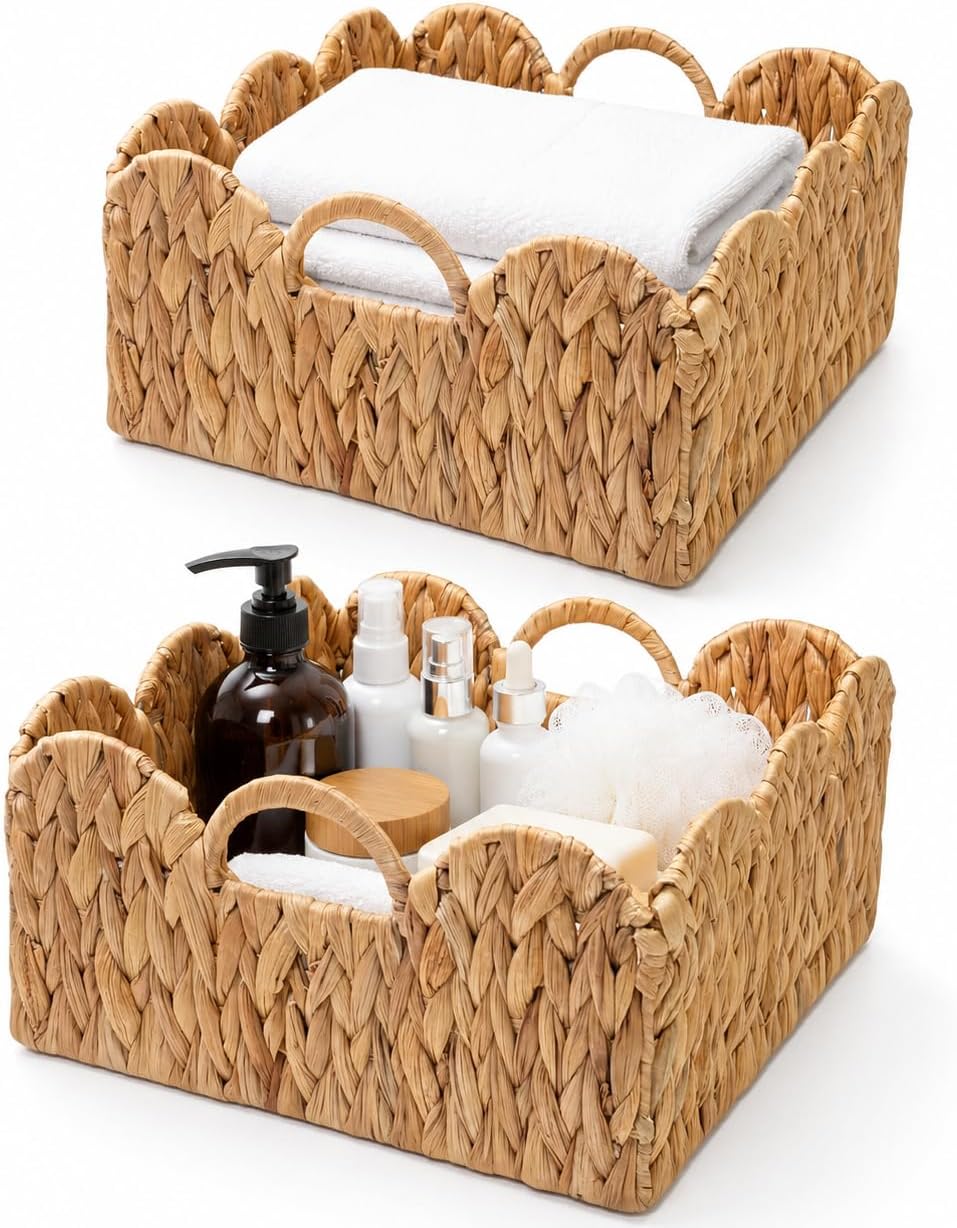 Scalloped Edge Wicker Basket, Hand-woven Rattan Storage Baskets with Built-in Handles, Water Hyacinth Basket for Organizing and Decor, 2 Pack (11 ½" L X 11 ½" W X 5 ¾" H)