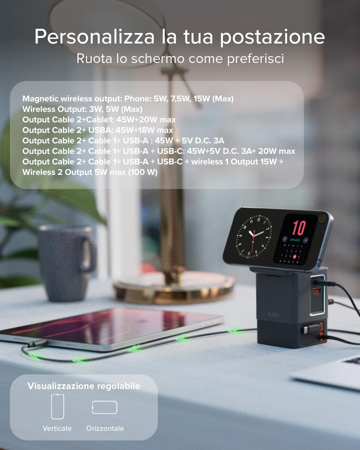 SBS Power Dock 6in1 100W USB-C, Ricarica Wireless 15W, Compatibile MagSafe | Power Delivery (PD 3.0 PPS), Charging Station con 2 Cavi Retrattili, Alimentatore per Notebook, iPhone, AirPods, Nero