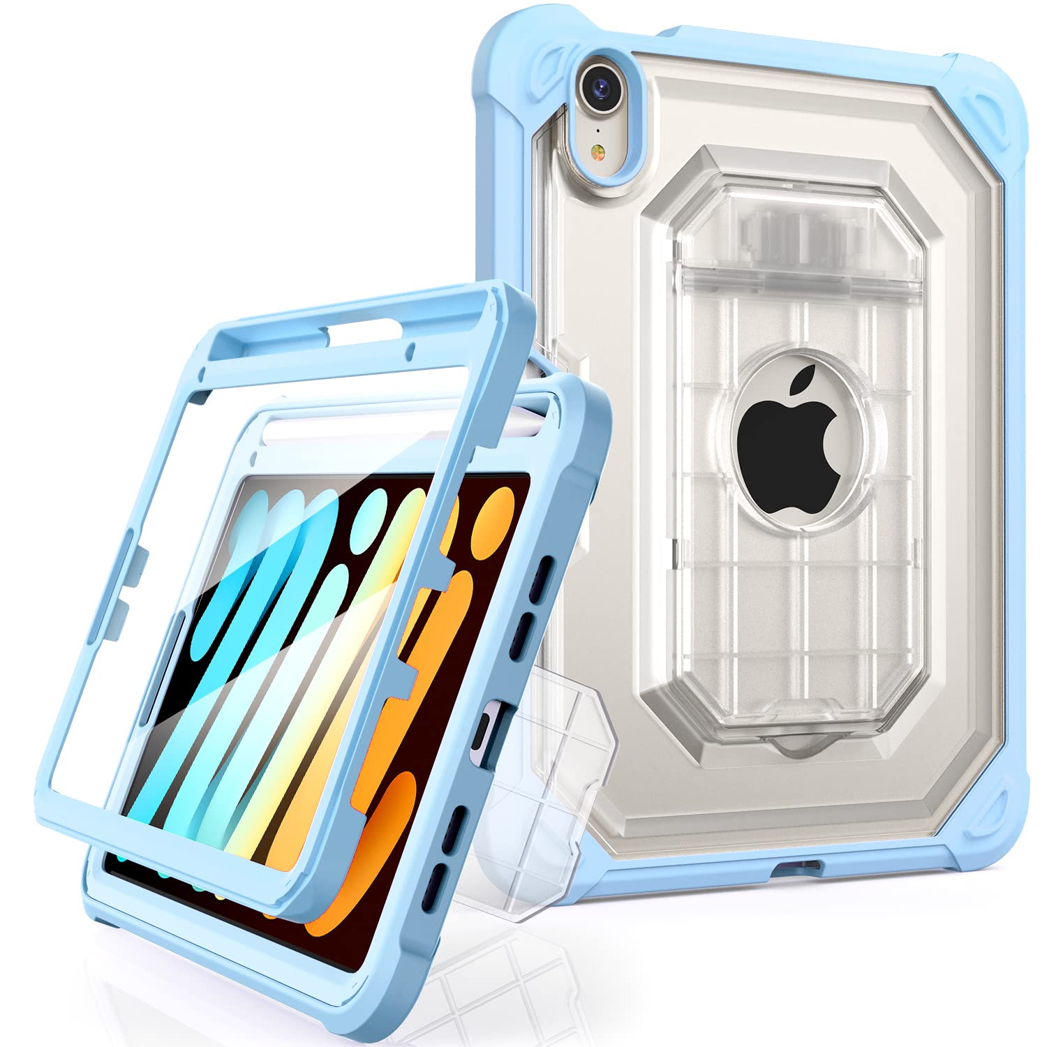Cantis Clear Case for iPad Mini 6 8.3 inch 2021, [Built-in Screen Protector] & [Pencil Holder] Dual Layer Full-Body Shockproof Rugged Protective Case for iPad Mini 6th Generation, Clear+Sky Blue