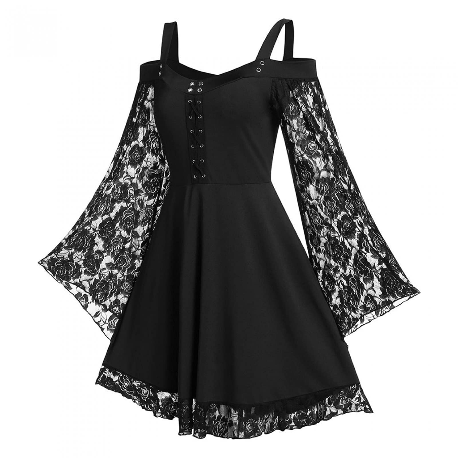 chuangminghangqi Disfraz de Halloween gótico para fiesta de té, vestido con mangas de encaje, hombros descubiertos, vestido rockabilly, disfraz de mujer, tallas grandes, vestido de cóctel, estilo medieval y punk,