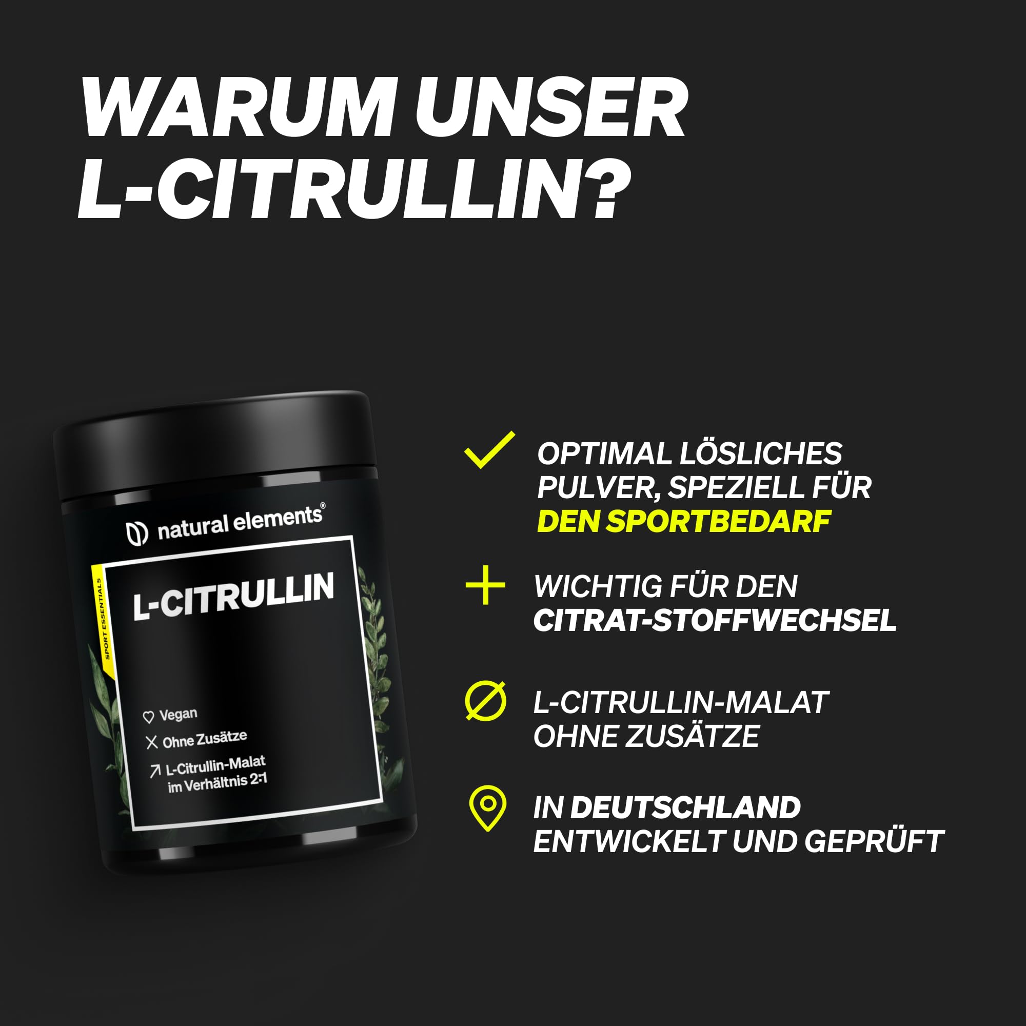 natural elements L-Citrullin Malat Pulver 2:1 – 500g Pulver – ideal vor dem Sport – vegan, hohe Reinheit, hochdosiert, ohne Zusätze – in Deutschland entwickelt & laborgeprüft