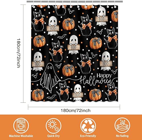Miniatura 3 de Mocsicka Cortina de ducha de Halloween con dibujos animados, fantasma, lindo gato negro, calabaza, cortina de ducha de baño, cortina de ducha de