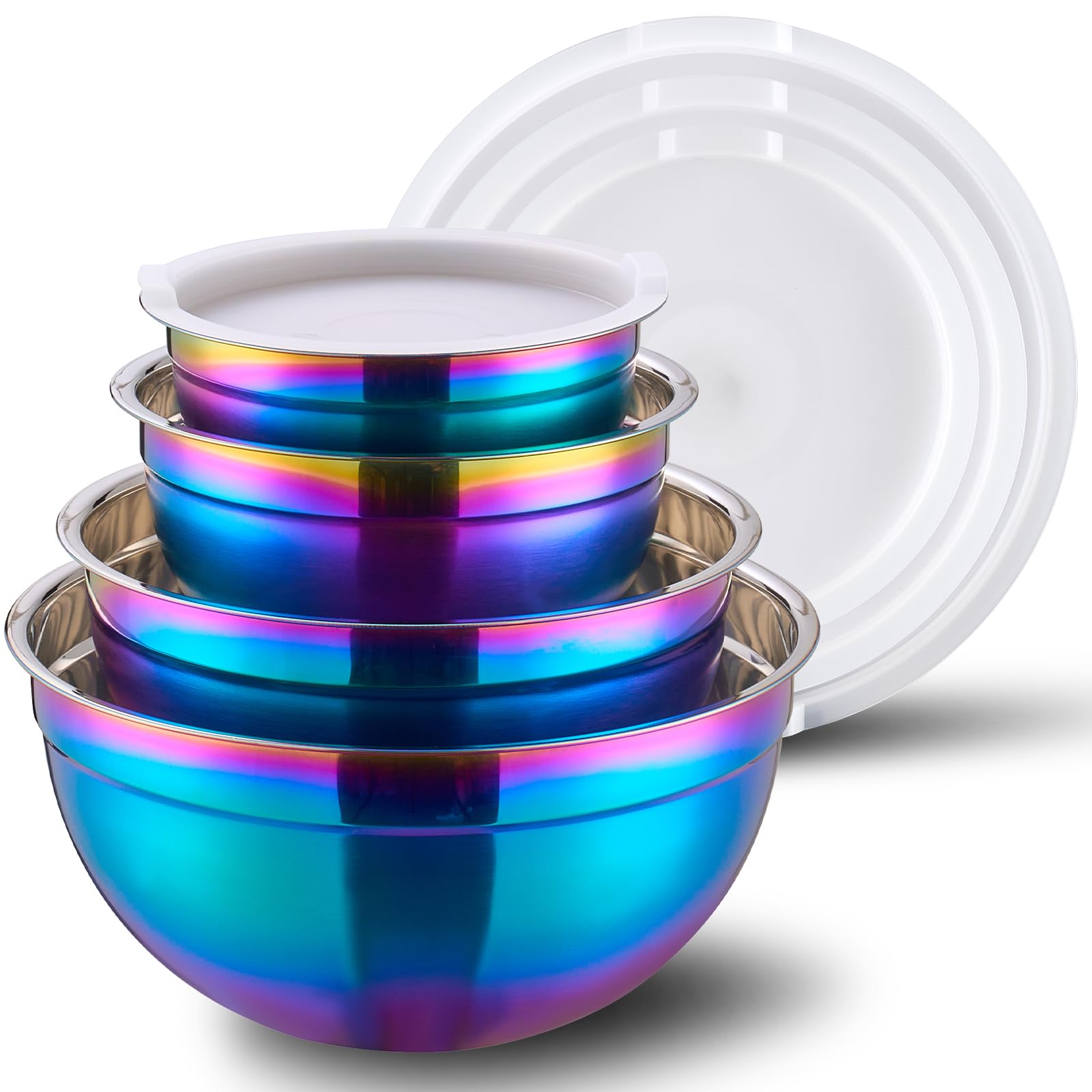 4-teiliges Regenbogen-Rührschüsseln mit Deckel für die Küche, Edelstahl-Rührschüssel-Set, ideal zum Backen, Zubereiten, Kochen und Servieren von Lebensmitteln, stapelbare Metall-Rührschüsseln