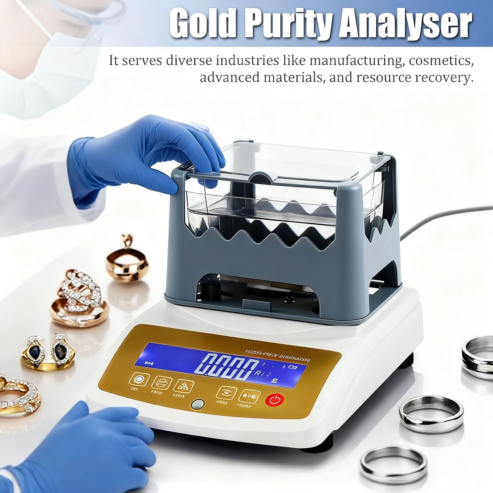 Tester di purezza dell'oro, misuratore di densità di alta precisione per karat, doppia potenza per gioielli e riciclaggio