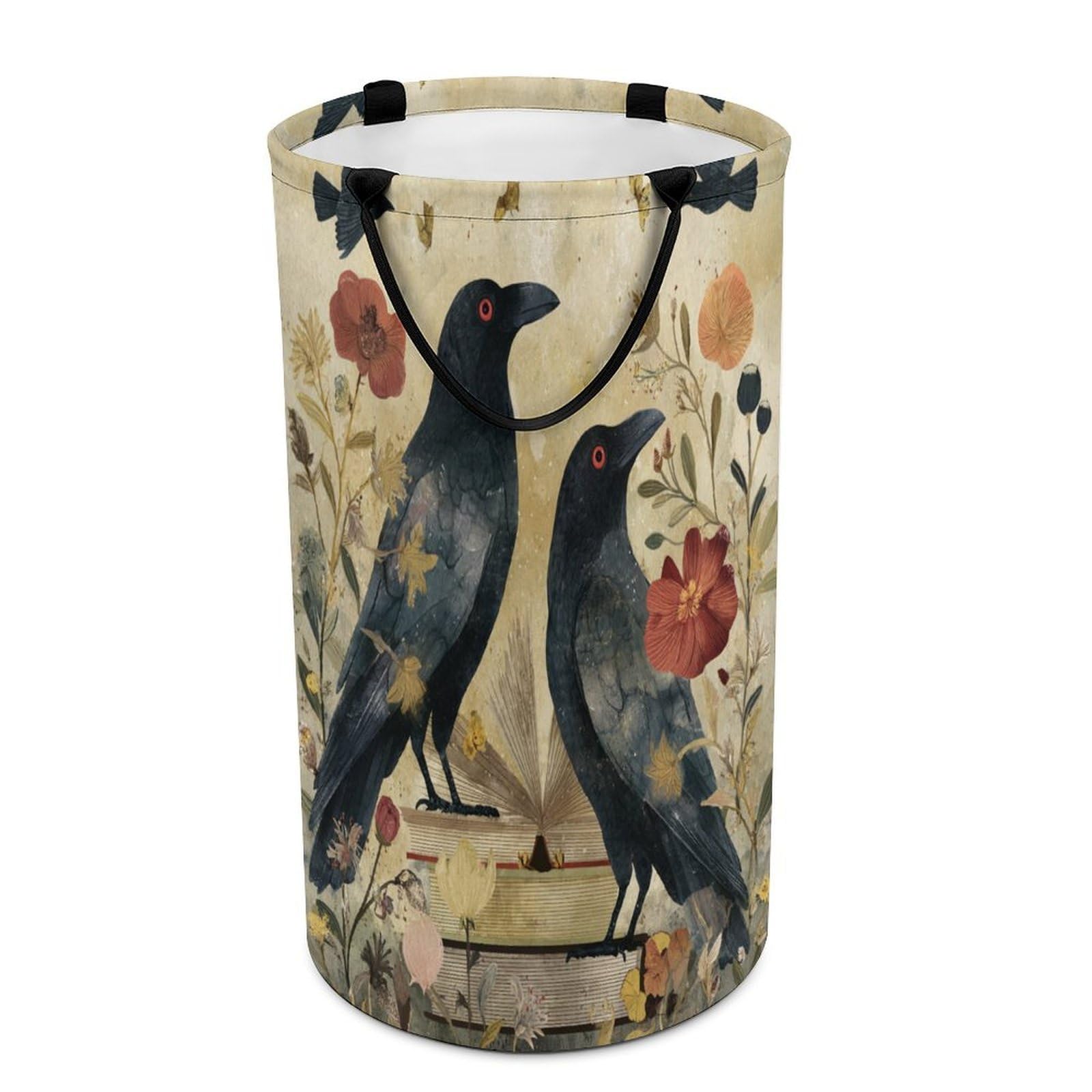 LUYYSKY Classic Aesthetic Animal Raven Versatile Storage Laundry Basket, Vintage Gothic Rustic Wildlife Crow Plant Daisies Flowers Books Large Bathroom Laundry Hamper With Handle-40 CM Dia, 69 CM High