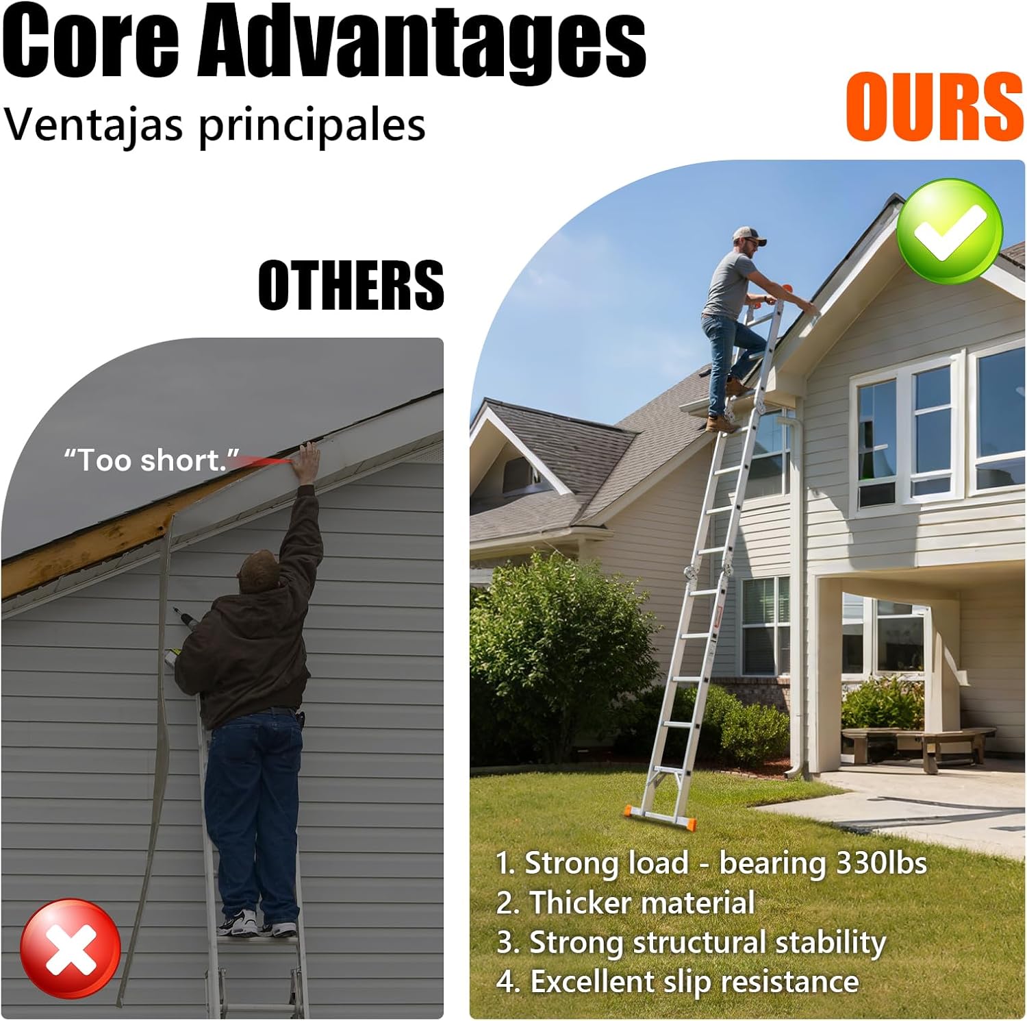 SEKAM 15.5Ft Multi-Purpose Folding Aluminum Ladder with 2 Scaffold Plates, 7-in-1 Heavy Duty Extension Ladder, 330 lbs Capacity (186.6" Max Length)