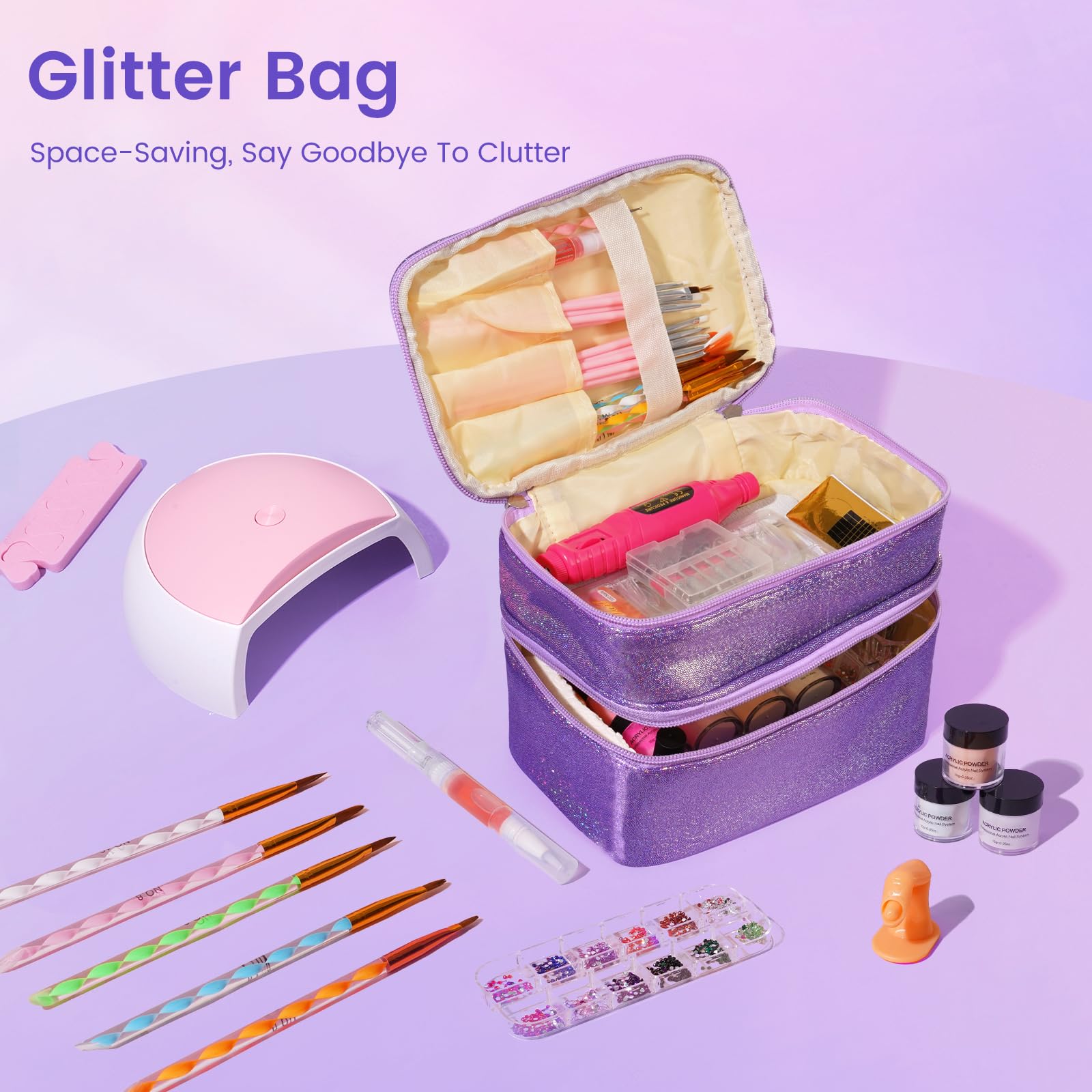 Yokilly Kit per unghie acriliche con tutto: set di polveri acriliche liquide per unghie in 12 colori, con pratica lampada per trapano a dito, set per principianti in sacchetto regalo glitterato, per