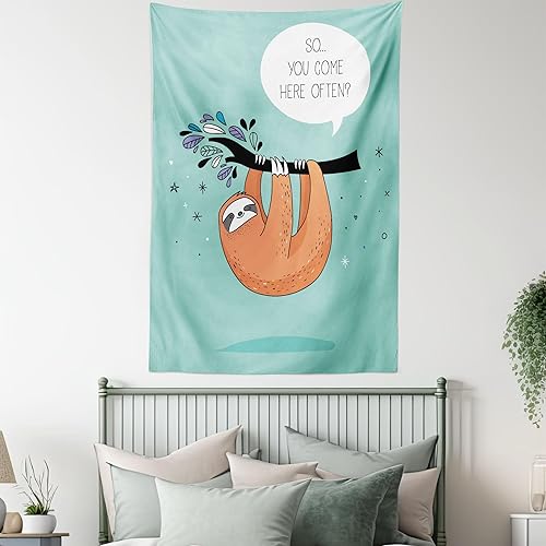 Vista 5 de Ambesonne Tapiz de animales, diseño de dibujos animados, estampado de perezoso con palabras coquetas para que vengas aquí a menudo, imagen