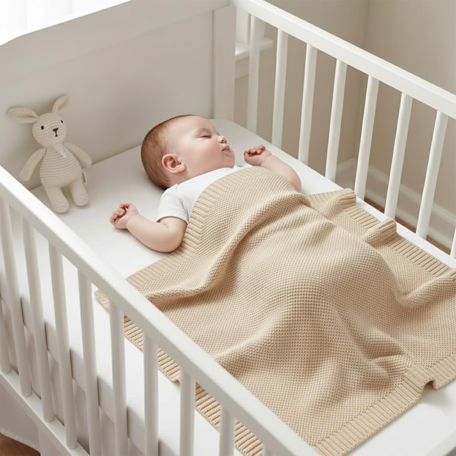 Baby Knit Blanket Soft Cotton Lightweight Newborn Blanket for Crib Stroller Toddler Nursery Shower Gift Cozy Breathable Travel Swaddle Wrap Beige 36 x 28 Inches
