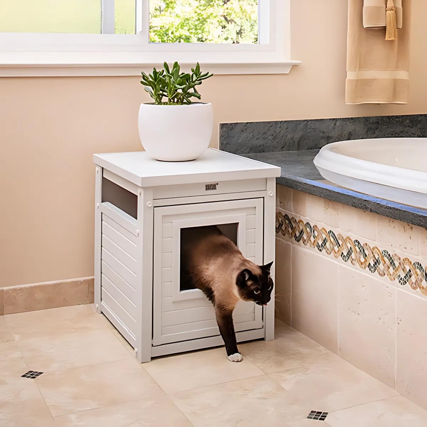 Arenero para Gatos Cubierto Borneo - Fabricado en ECOFLEX - Integra el arenero en la decoración de tu hogar, 58x44,6x70,2 cm, 4 Colores (Blanco)