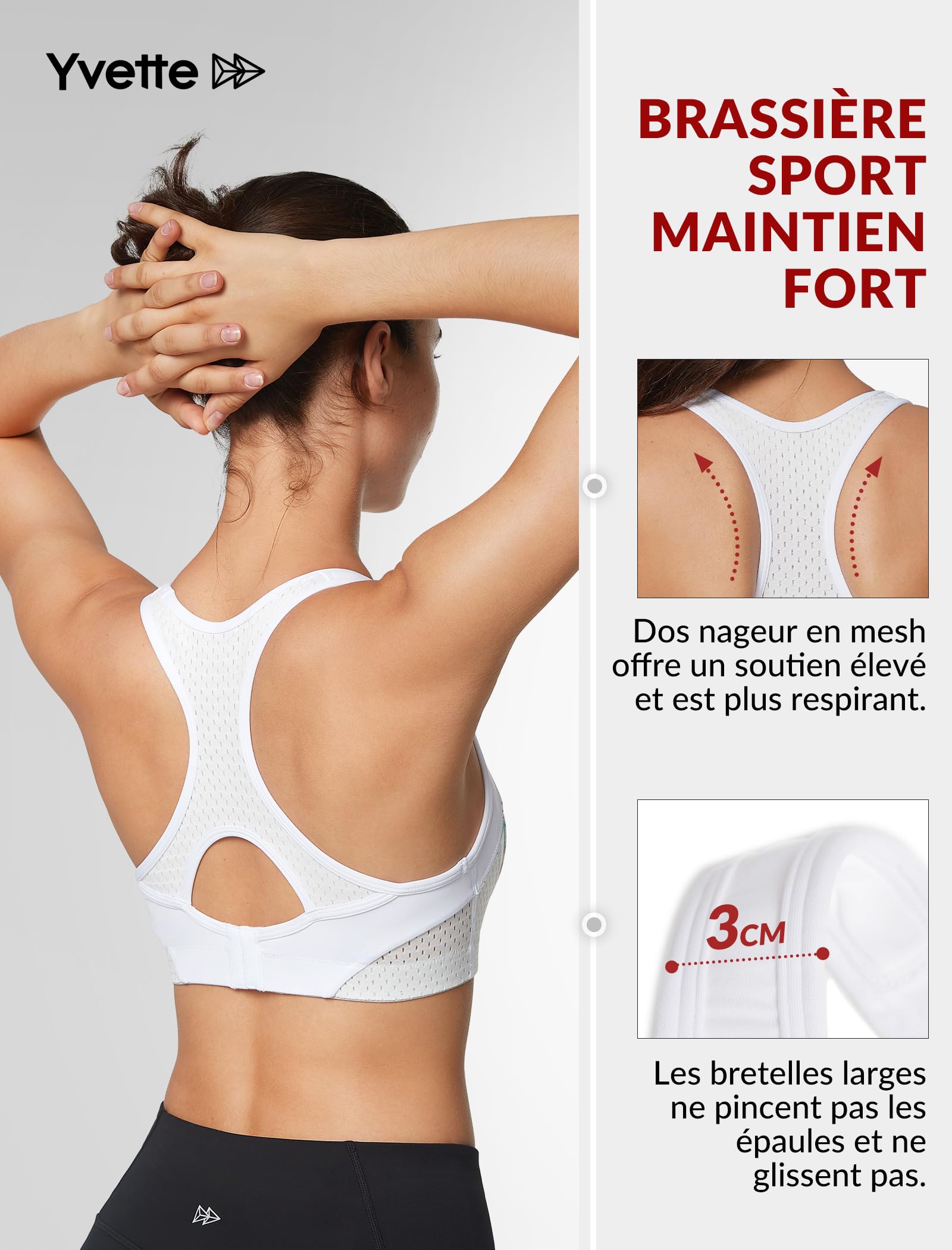 Yvette Soutien-Gorge de Sport Femmes Dos Nageur en Maille Maintien élevé Brassière sans Armatures avec Coussinets Fitness Équitation HIIT