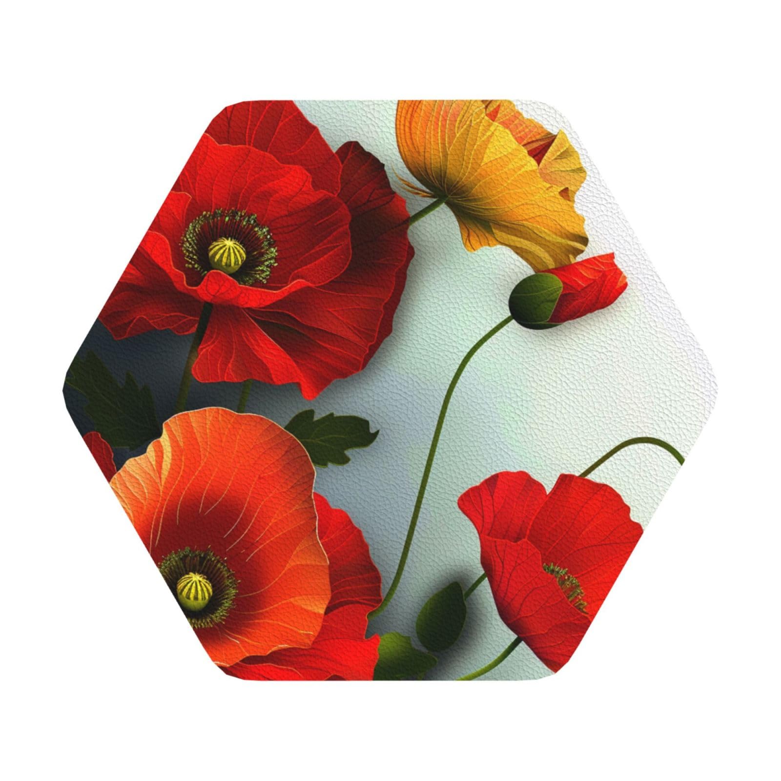 Flower Vivid Petals Print Leather Coaster Set of 6, Hexagon Coasters Table Decorative Coffee Cup Beverage Coasters Wine Beer Bar Coasters for Hot Drinks Table Protection