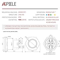 Vista 2 de APIELE Interruptor de botón momentáneo de 10 A, 22 mm, LED ojo de ángel, impermeable, redondo, autorresetable, 7/8'', 1NO 1NC