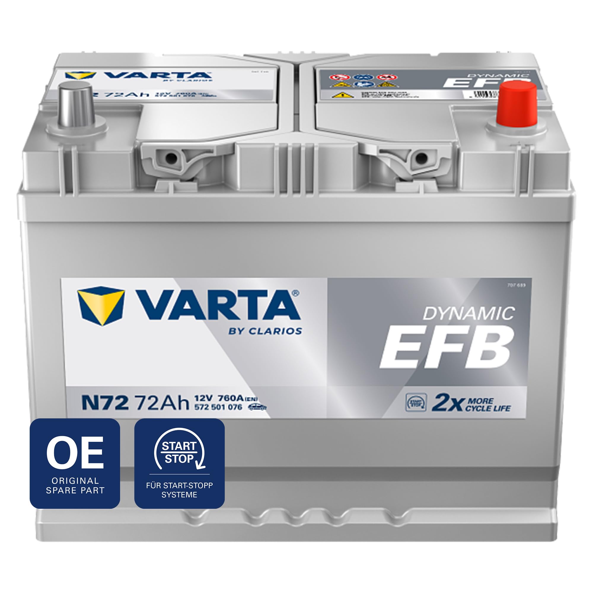 VARTA Automotive DYNAMIC EFB (N72) 12V 72Ah 760A - Nassbatterie für Start-Stopp Systeme - Starterbatterie für Autos mit erhöhtem Energiebedarf - Wartungsfreie Bleisäurebatterie
