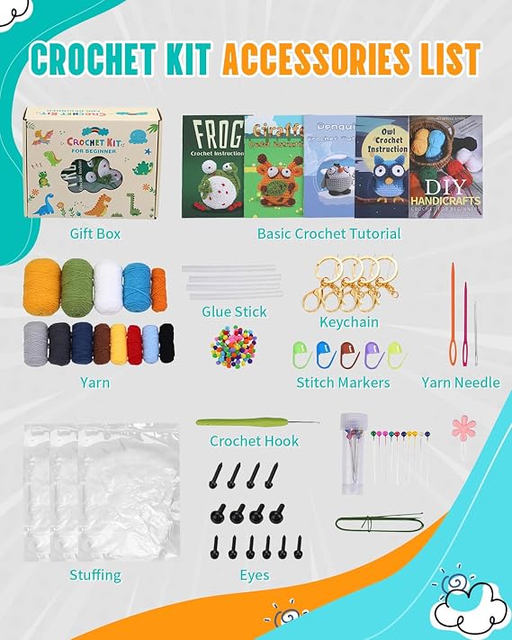 Complete Crochet Kit for Beginners, 4 PCS Animals Crochet Starter Kit with Step-by-Step Instructions & Video Tutorials, Beginner Crocheting Kits for Adults Kids, DIY Christmas Birthday Gifts for Girls