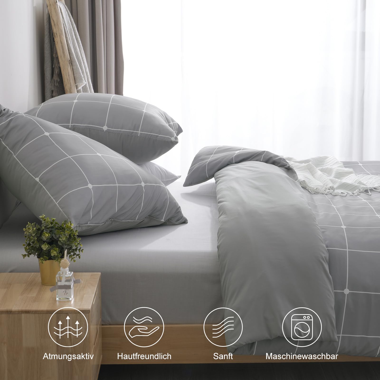 PHF, biancheria da letto 4 pezzi, copripiumino 135 x 200 cm, morbida e non necessita di stiratura, 2 x 135 x 200 cm, con 2 federe 80 x 80 cm, set di biancheria da letto spazzolata con chiusura lampo